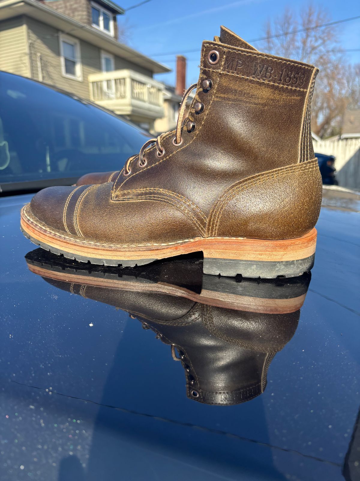 Photo by ZFitzGolf on January 5, 2026 of the White's MP-Sherman Toe Cap in Horween Olive Waxed Flesh.