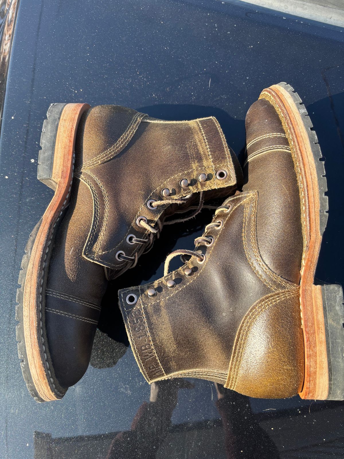 Photo by ZFitzGolf on January 5, 2026 of the White's MP-Sherman Toe Cap in Horween Olive Waxed Flesh.