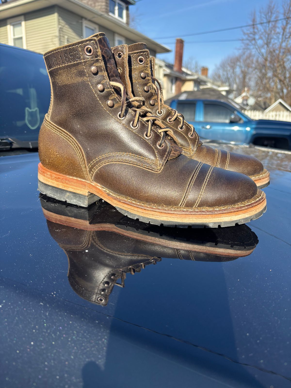 Photo by ZFitzGolf on January 5, 2026 of the White's MP-Sherman Toe Cap in Horween Olive Waxed Flesh.