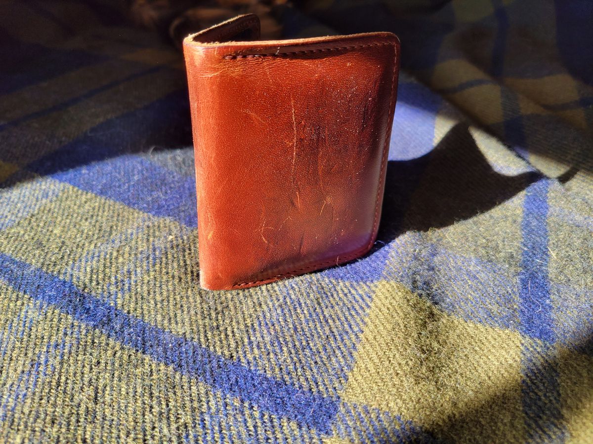 Photo by Cecilk on February 1, 2026 of the Ashland Leather Vertical Bugs Moran Wallet in Horween Brown Veg Tanned.