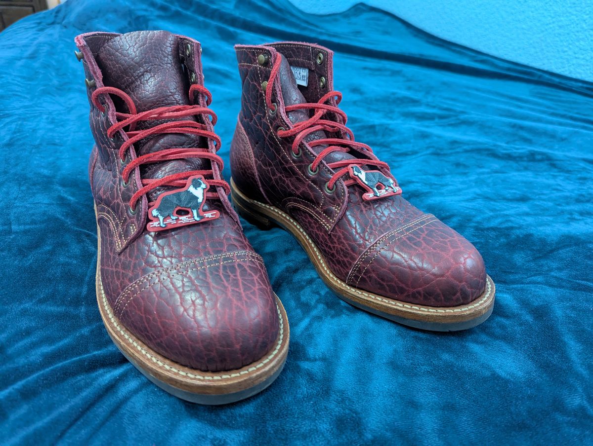 Photo by JazzCabbage on March 17, 2025 of the Truman Cap Toe Boot in Law Tanning Black Cherry Big Horn Shrunken Bison.