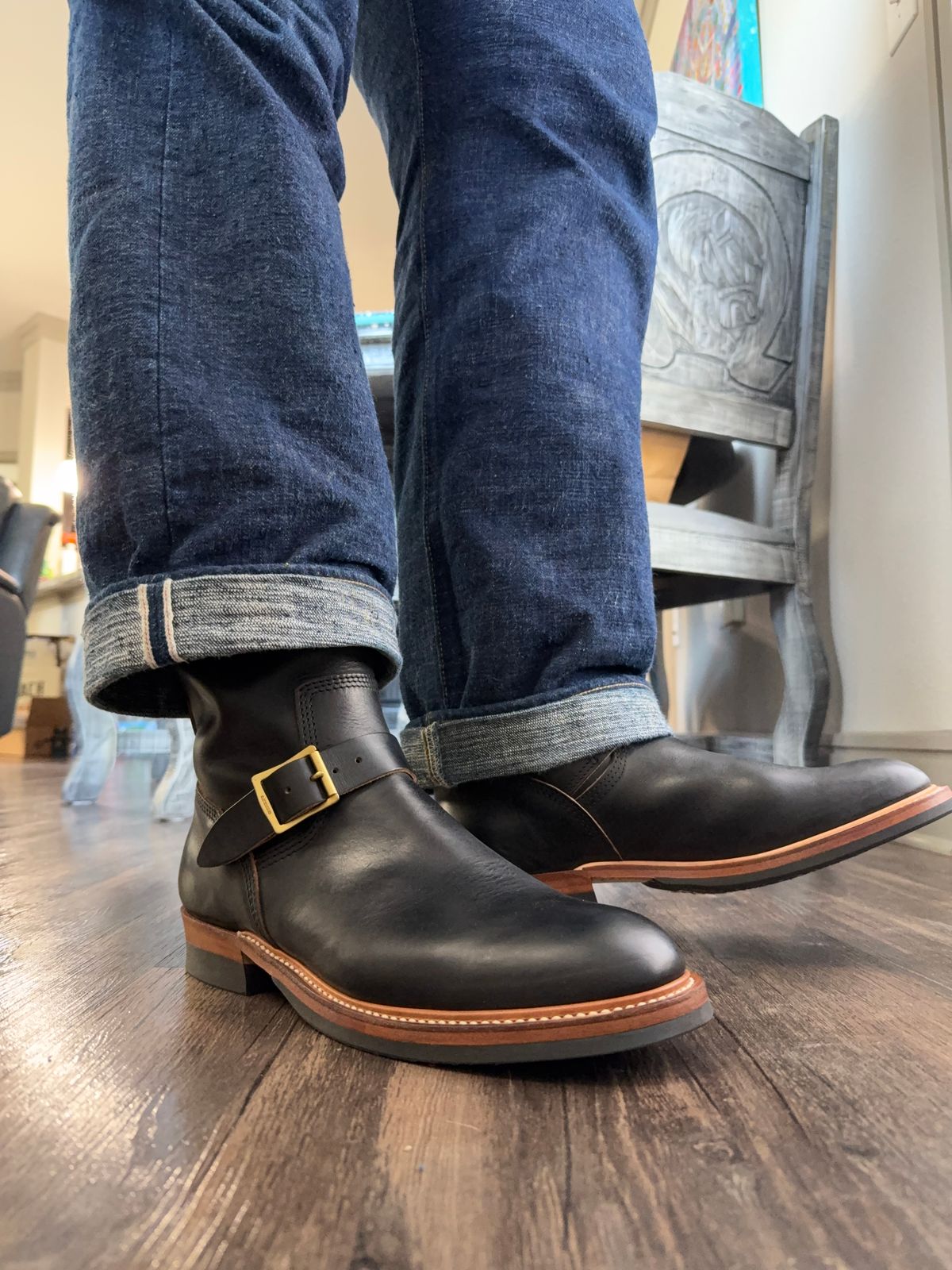 Photo by SwankeLorde on October 1, 2025 of the The Flat Head Engineer Boots in Horween Black Chromexcel.