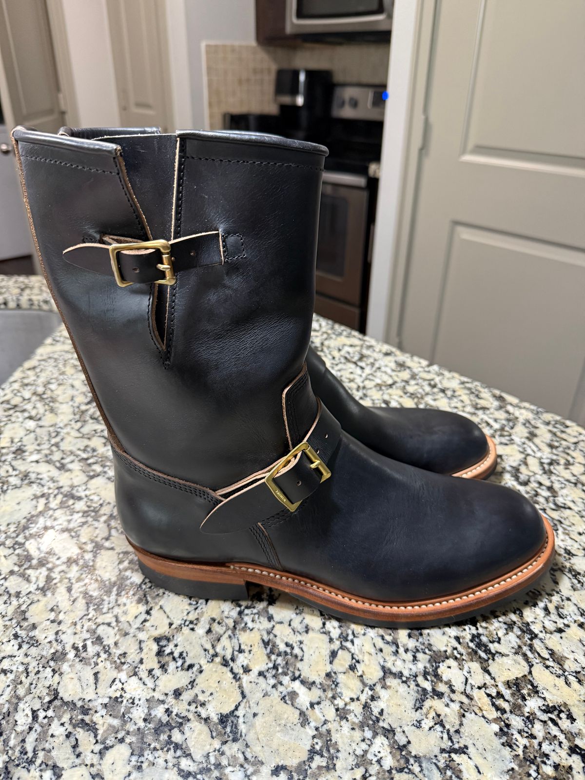Photo by SwankeLorde on October 1, 2025 of the The Flat Head Engineer Boots in Horween Black Chromexcel.