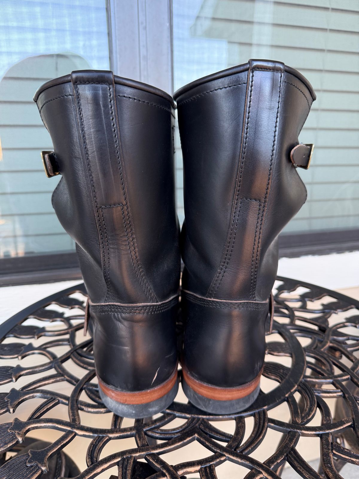 Photo by indi.raw.oninsb on November 5, 2025 of the The Flat Head Engineer Boots in Horween Black Chromexcel.