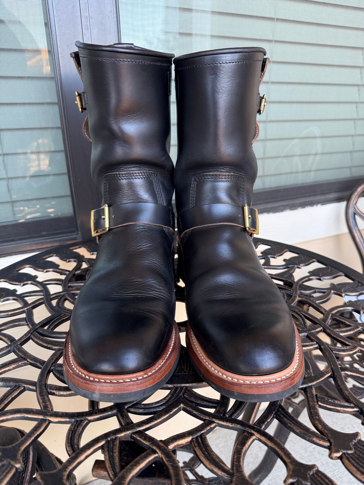 Photo by indi.raw.oninsb on November 5, 2025 of the The Flat Head Engineer Boots in Horween Black Chromexcel.