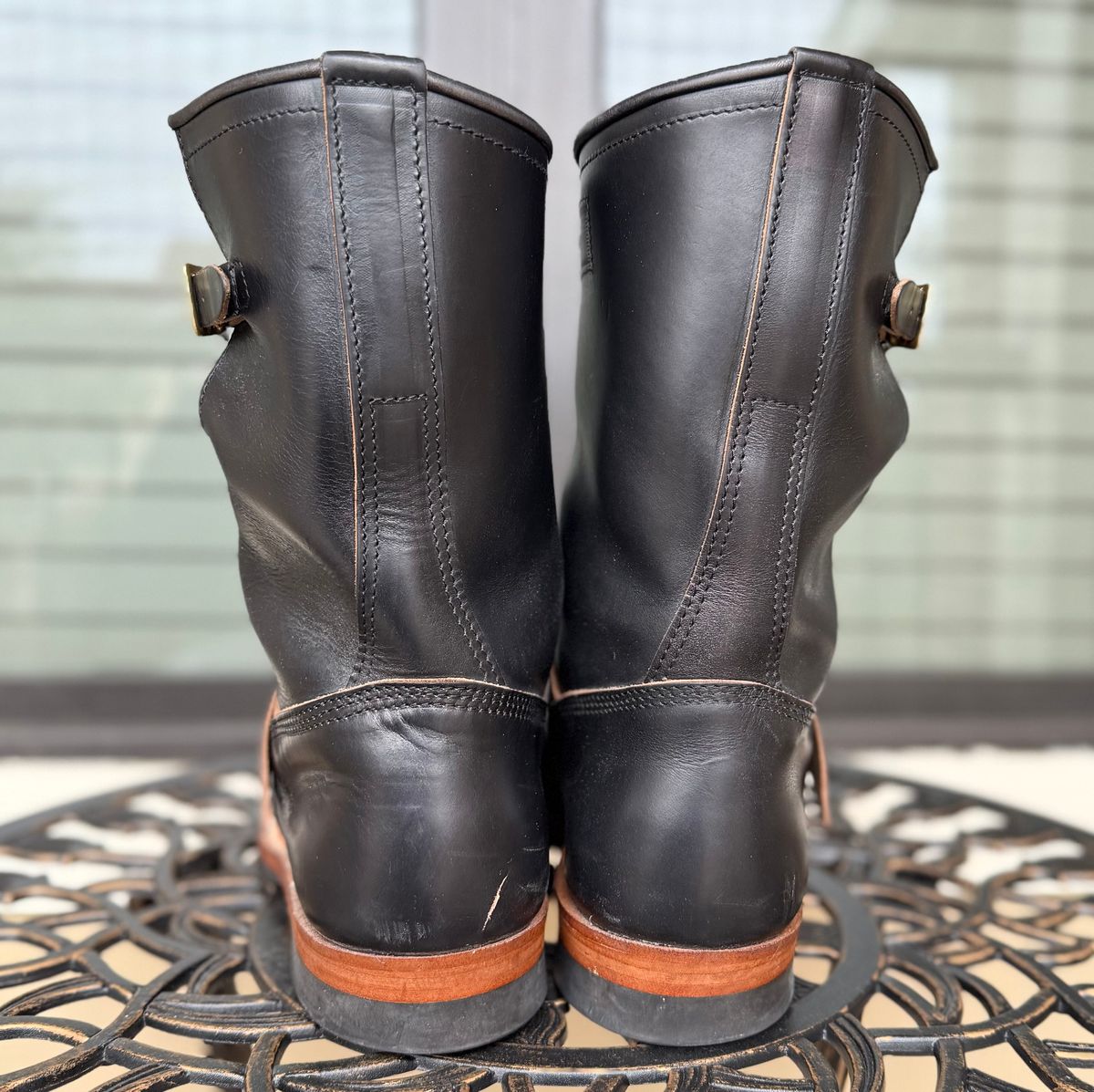 Photo by indi.raw.oninsb on December 1, 2025 of the The Flat Head Engineer Boots in Horween Black Chromexcel.
