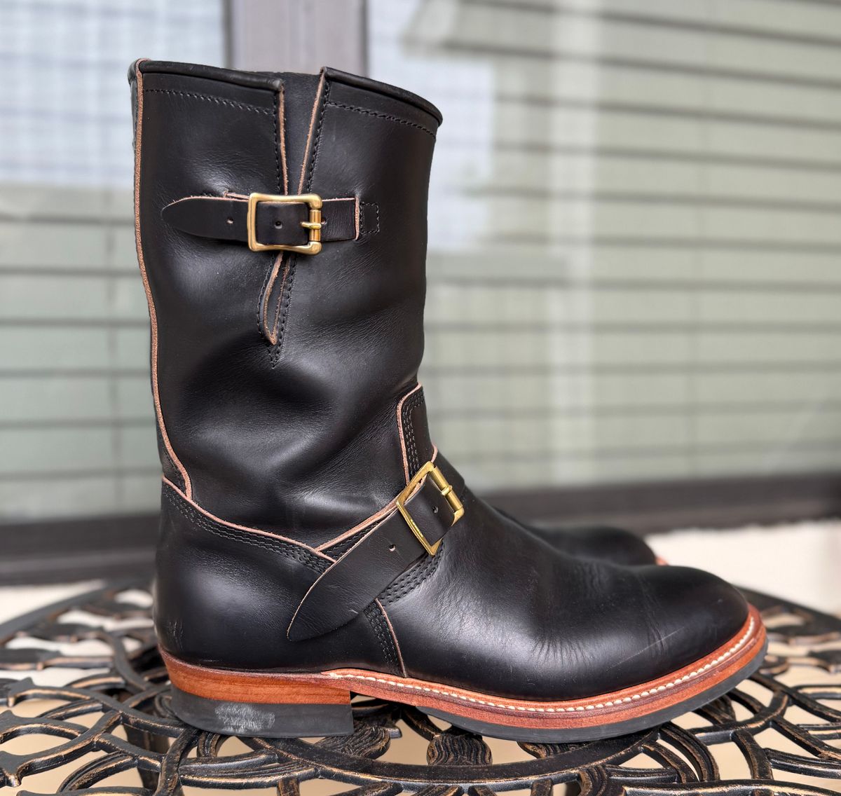 Photo by indi.raw.oninsb on December 1, 2025 of the The Flat Head Engineer Boots in Horween Black Chromexcel.