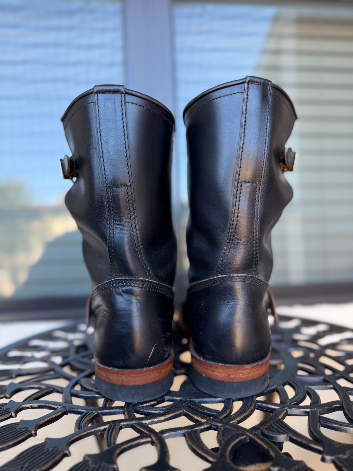 Photo by indi.raw.oninsb on January 2, 2026 of the The Flat Head Engineer Boots in Horween Black Chromexcel.