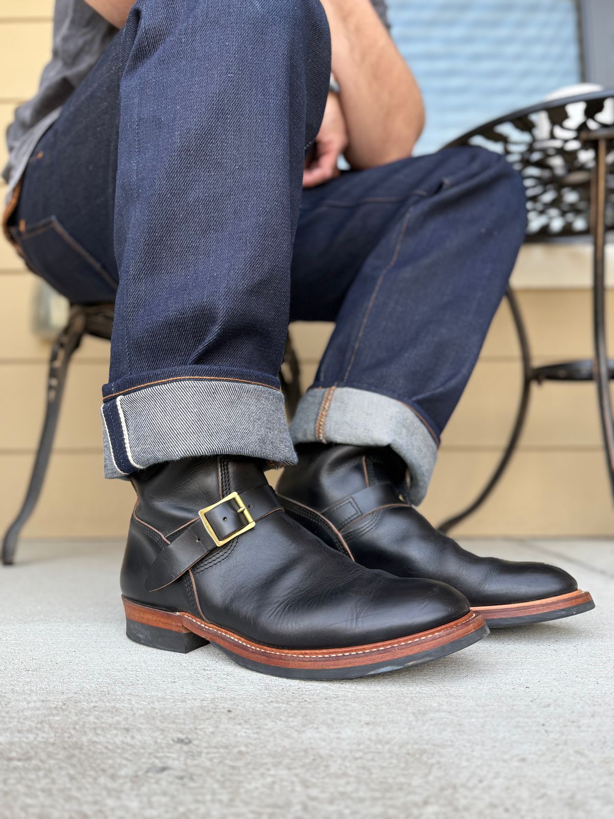 Photo by indi.raw.oninsb on February 4, 2026 of the The Flat Head Engineer Boots in Horween Black Chromexcel.