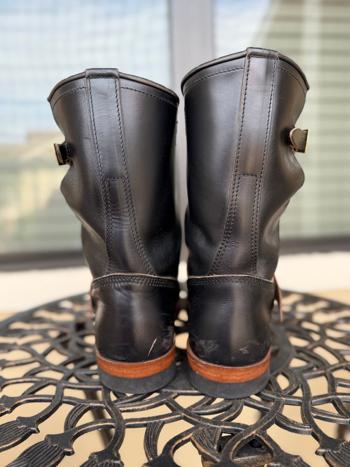 Photo by indi.raw.oninsb on February 4, 2026 of the The Flat Head Engineer Boots in Horween Black Chromexcel.