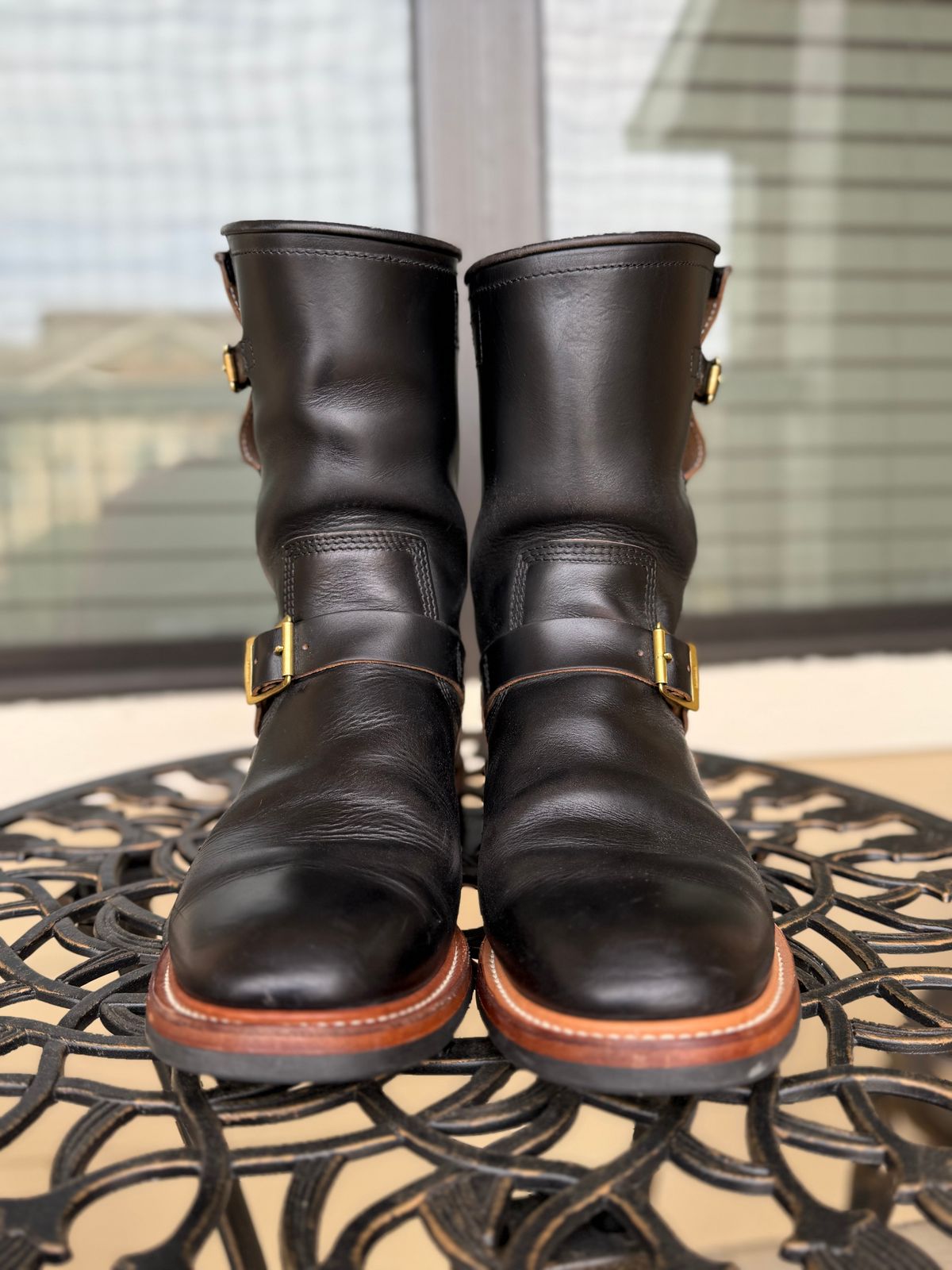 Photo by indi.raw.oninsb on February 4, 2026 of the The Flat Head Engineer Boots in Horween Black Chromexcel.