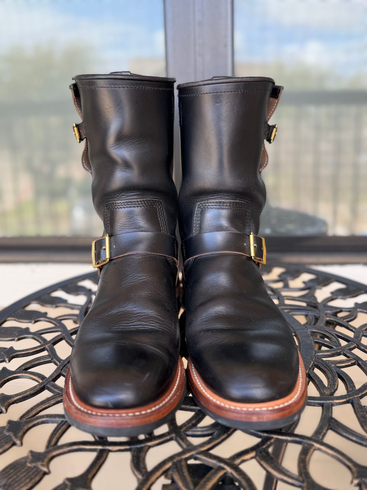 Photo by indi.raw.oninsb on March 3, 2026 of the The Flat Head Engineer Boots in Horween Black Chromexcel.