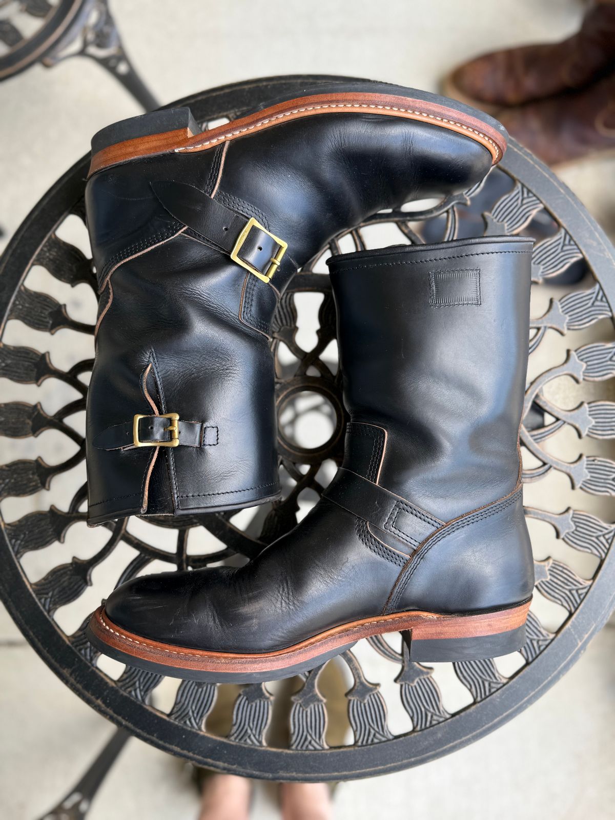 Photo by indi.raw.oninsb on March 3, 2026 of the The Flat Head Engineer Boots in Horween Black Chromexcel.