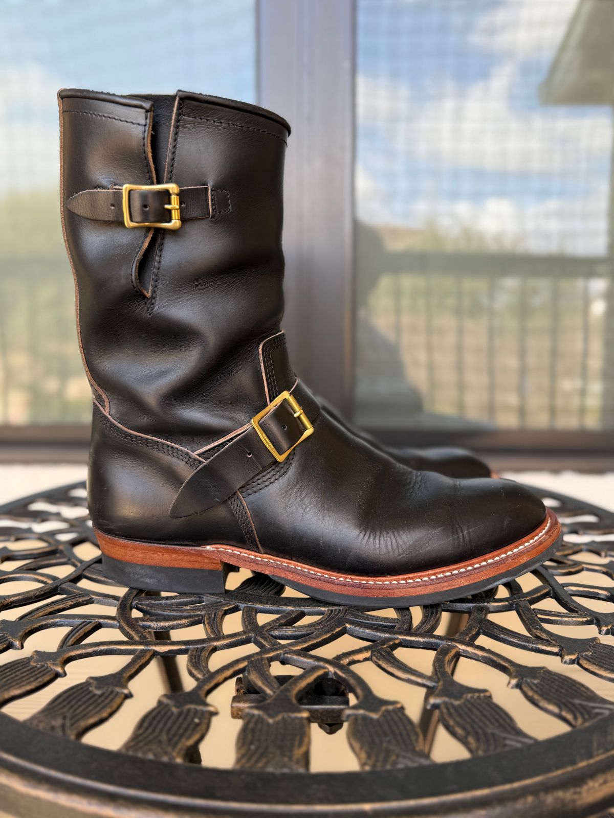 Photo by indi.raw.oninsb on March 3, 2026 of the The Flat Head Engineer Boots in Horween Black Chromexcel.