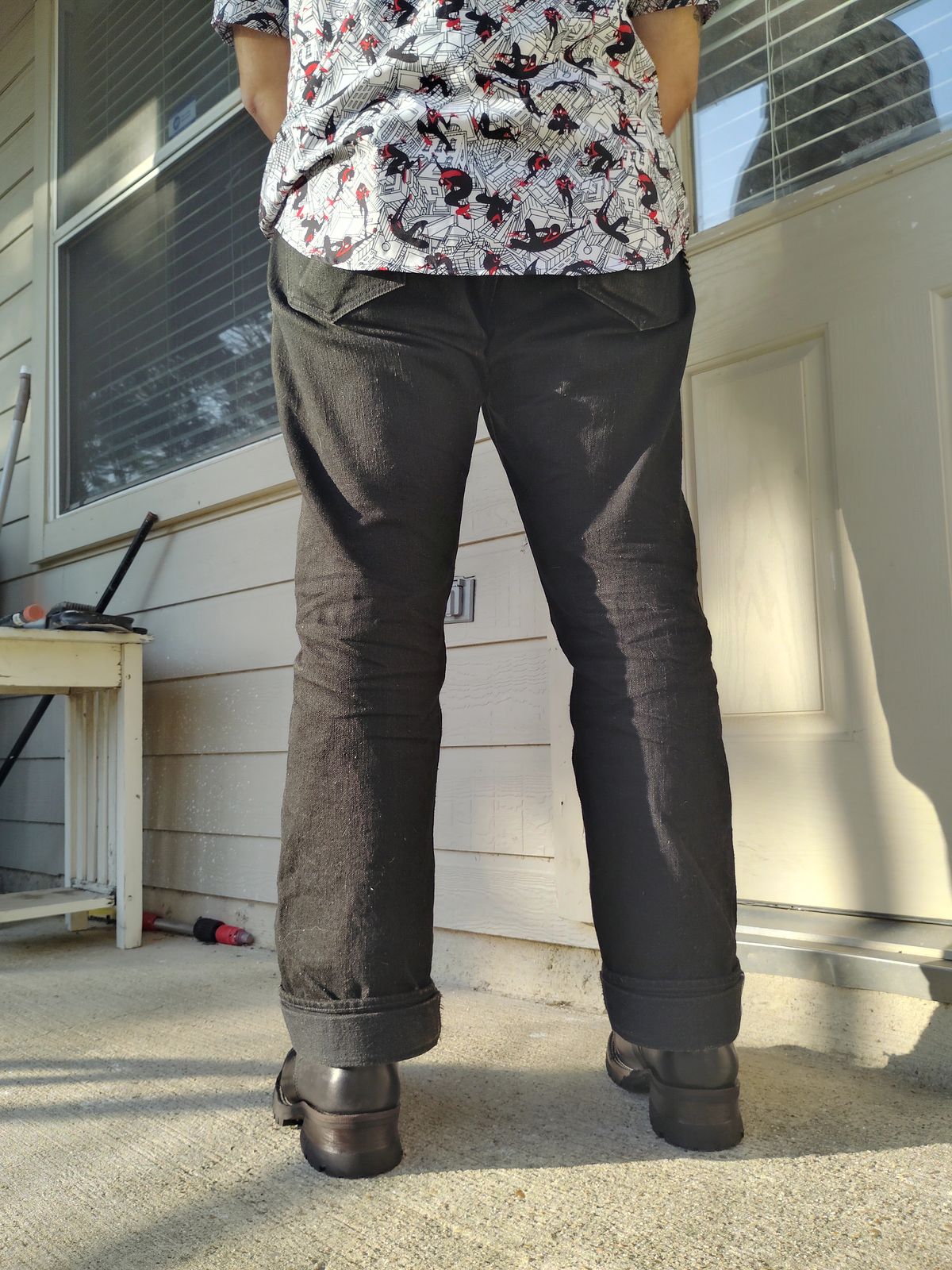 Photo by SwankeLorde on October 14, 2024 of the Pure Blue Japan TCD-003-BK in 14oz. Slub Teacore Denim - Double Black X Brown Core.
