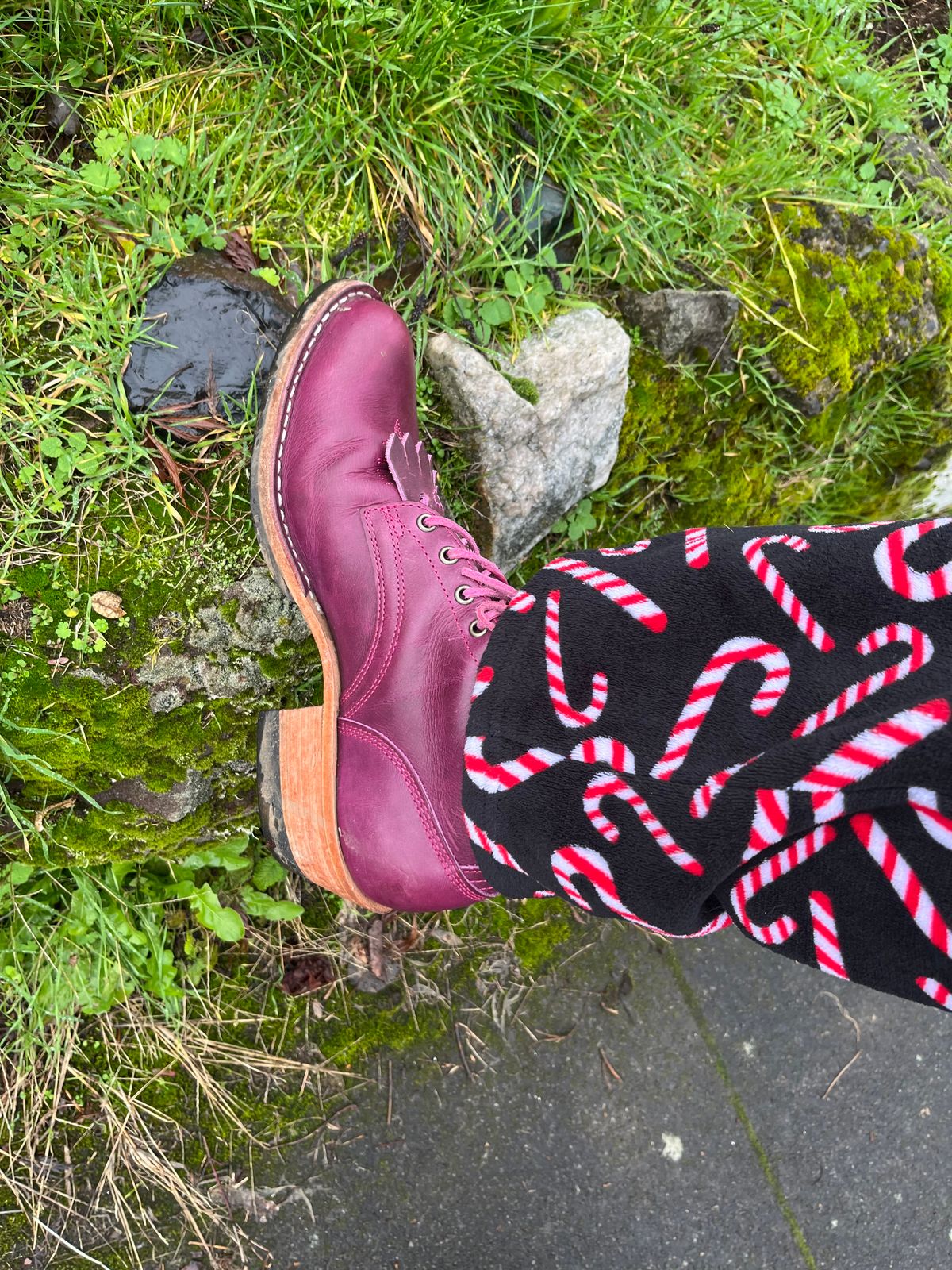 Photo by bobbi1981 on December 25, 2025 of the Frank's Boots Frontier Packer MTO in Horween Cypress Tokyo Purple.