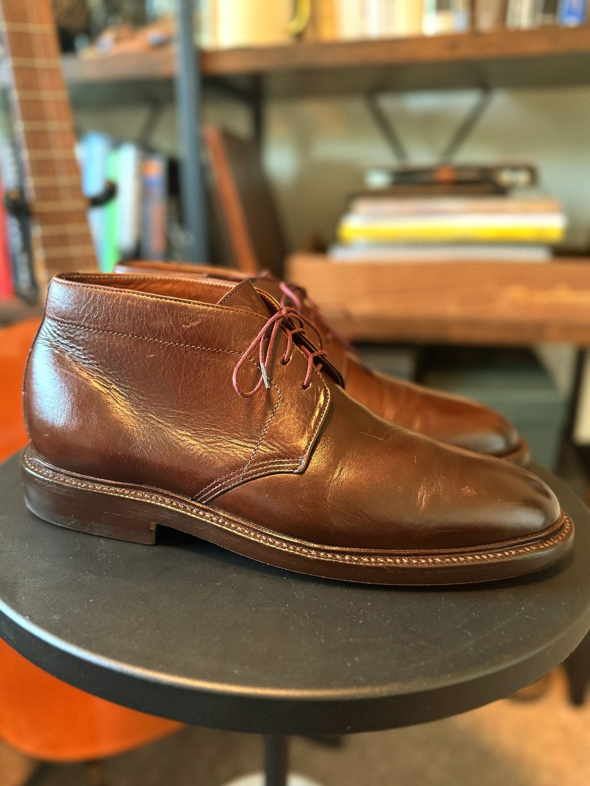 Photo by RealtorVic on June 12, 2025 of the Grant Stone Chukka in Horween Crimson Chromexcel.