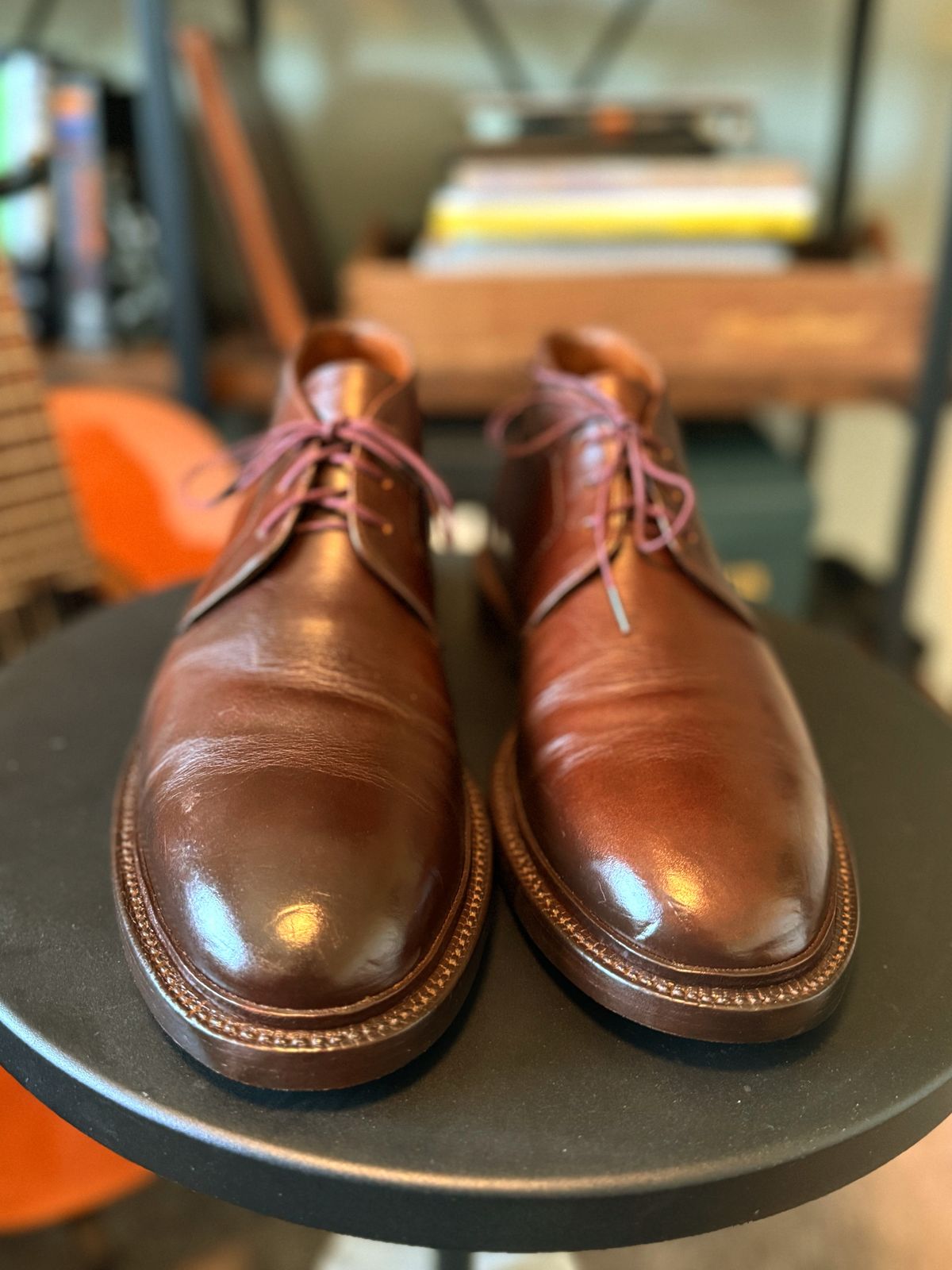 Photo by RealtorVic on June 12, 2025 of the Grant Stone Chukka in Horween Crimson Chromexcel.
