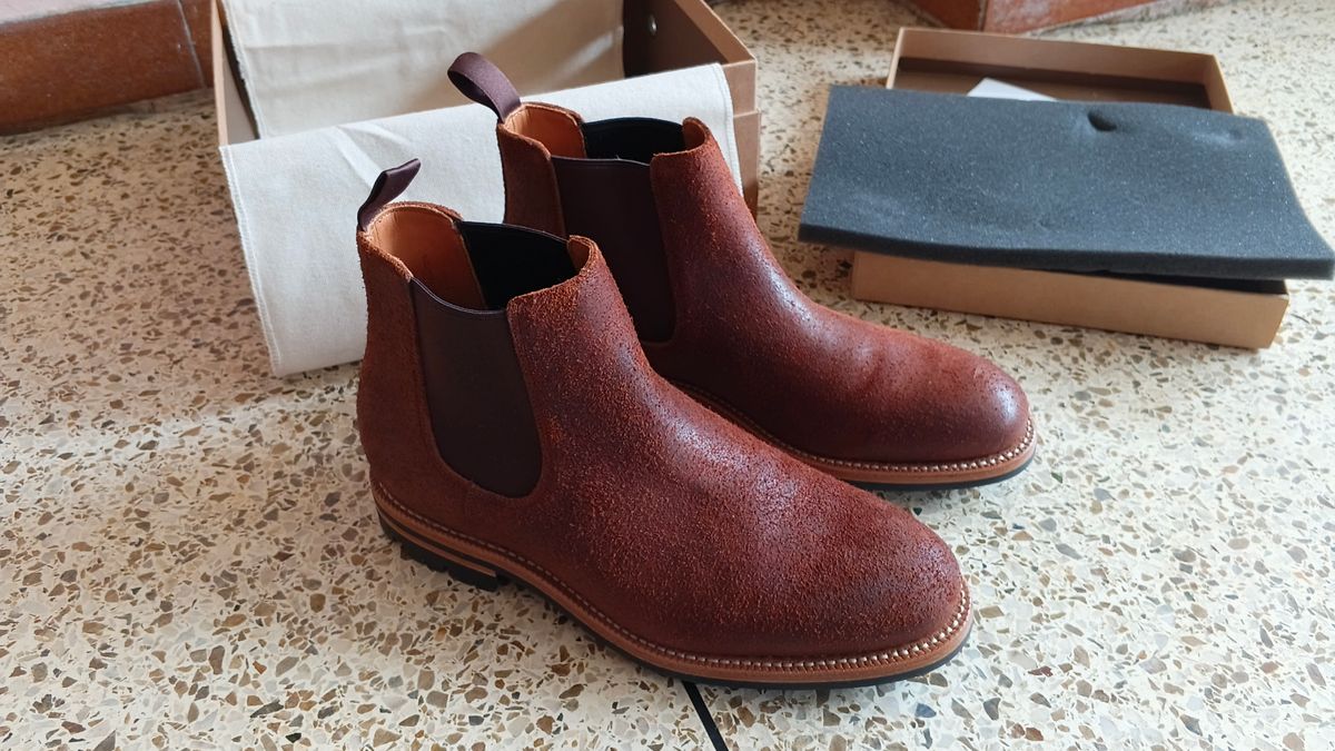 Photo by JoALE555 on May 18, 2026 of the Grant Stone Chelsea Boot in C.F. Stead Dark Oak Roughout.