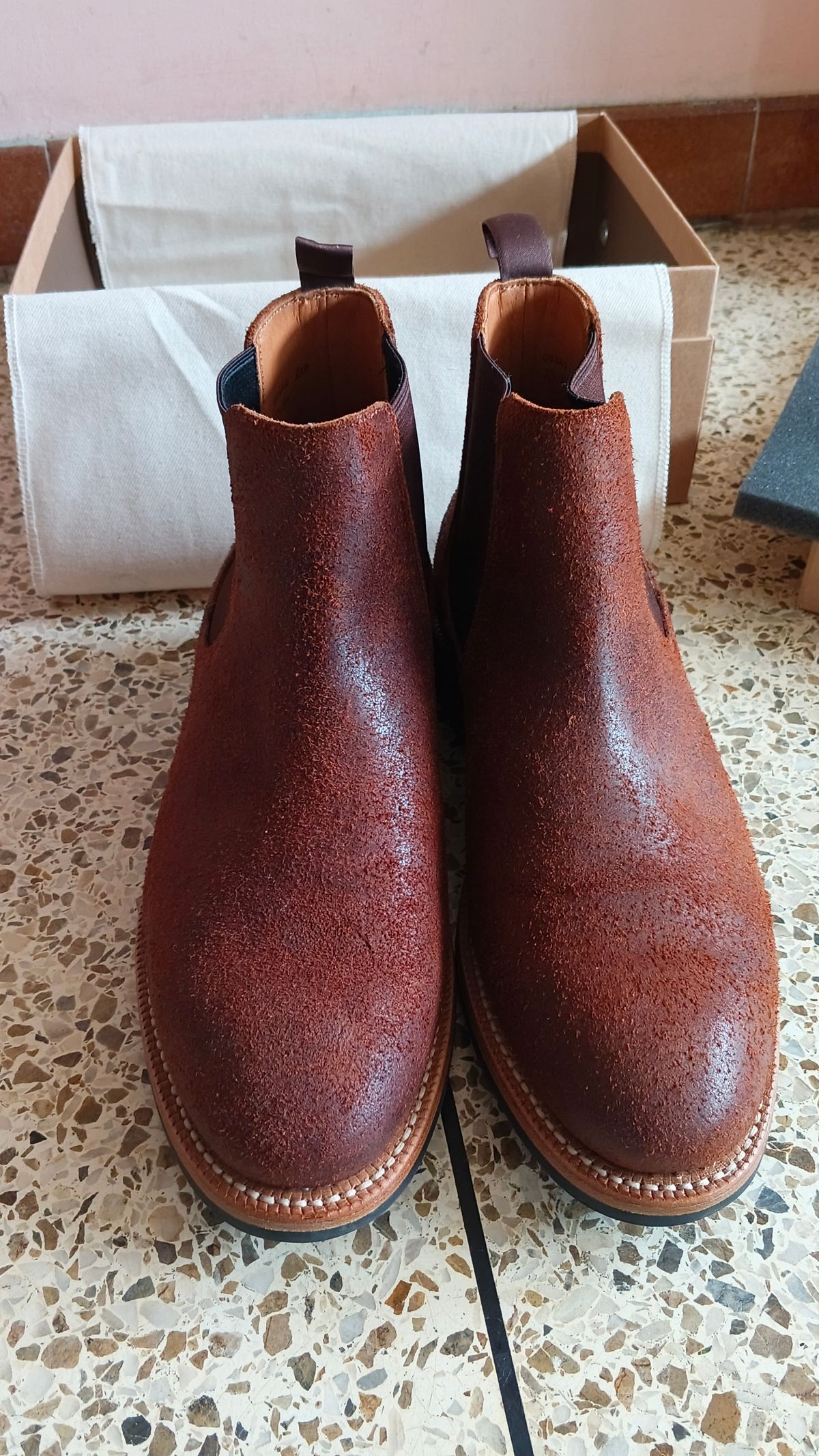 Photo by JoALE555 on May 18, 2026 of the Grant Stone Chelsea Boot in C.F. Stead Dark Oak Roughout.
