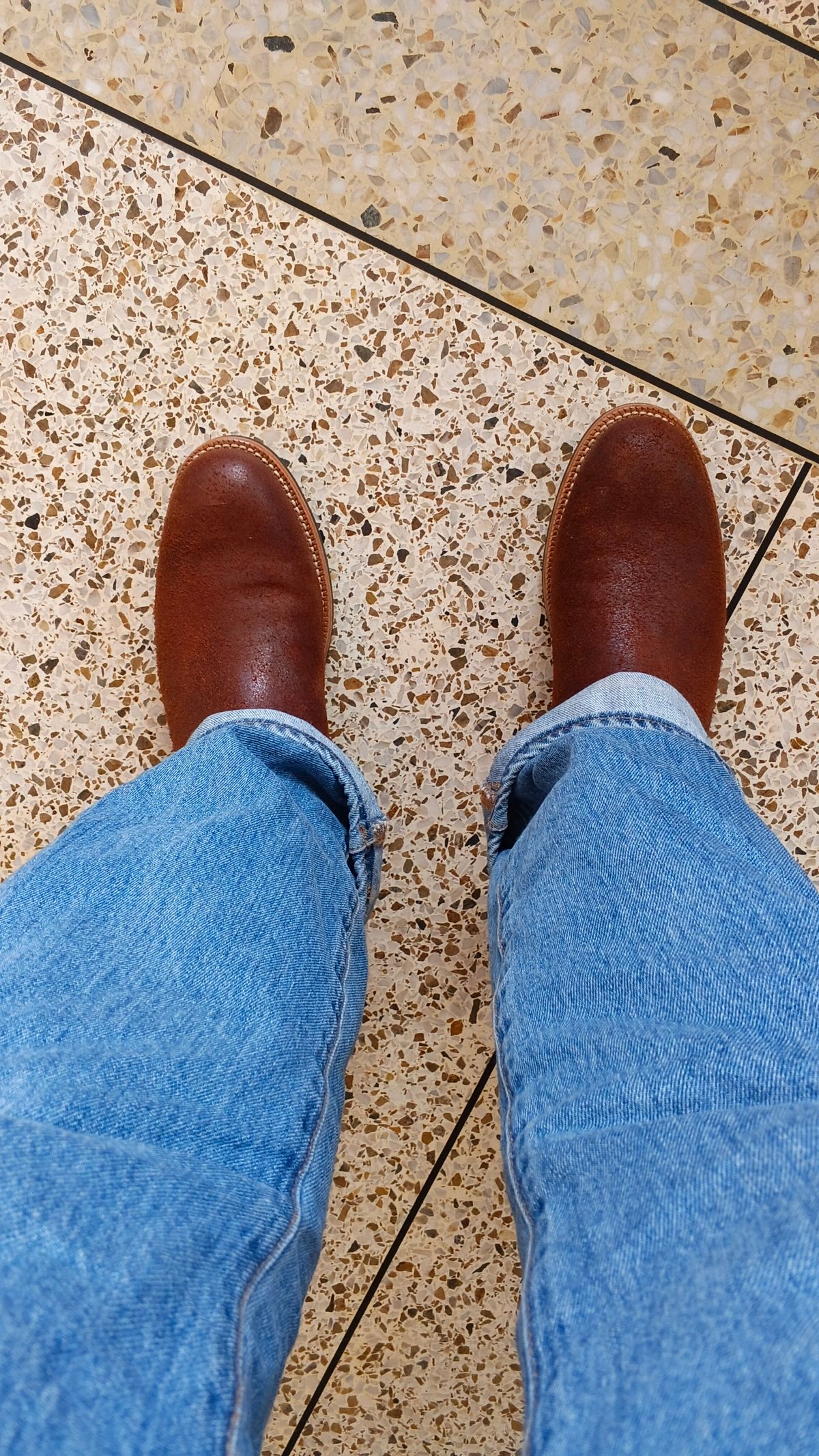 Photo by JoALE555 on May 18, 2026 of the Grant Stone Chelsea Boot in C.F. Stead Dark Oak Roughout.