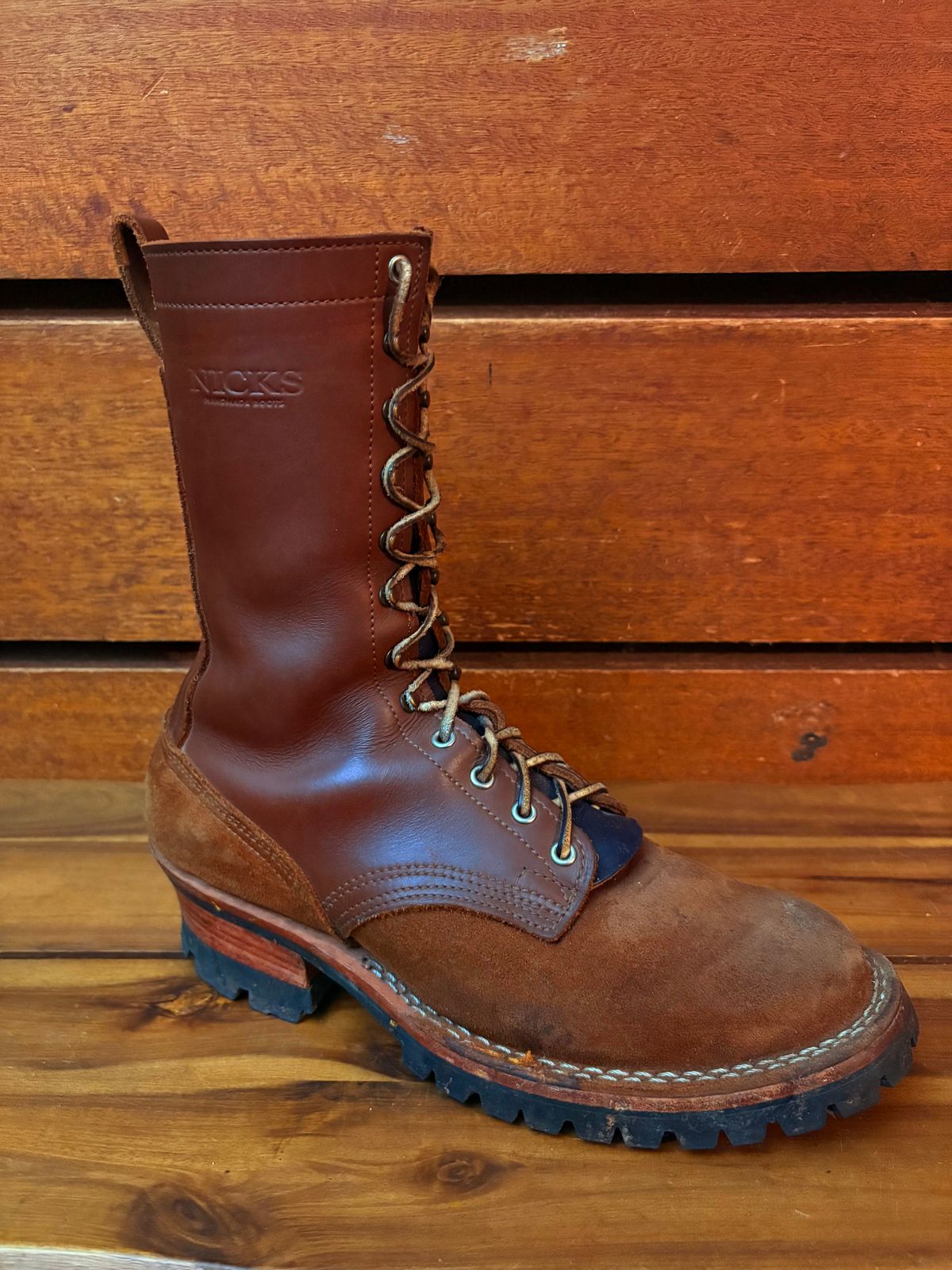 Photo by Apprehensivebootbuyer on July 9, 2025 of the Nicks BuilderPro in Seidel 1964 Brown Roughout & Seidel 1964 Brown.