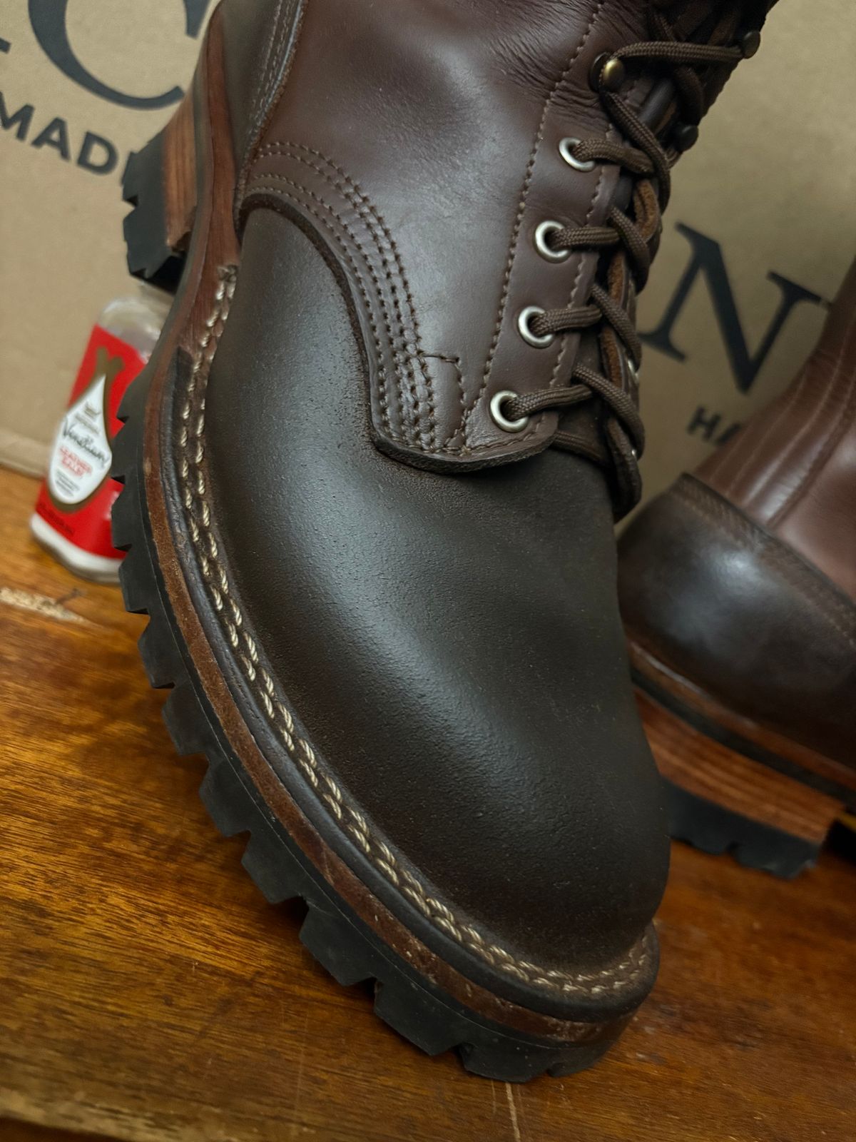 Photo by Apprehensivebootbuyer on November 23, 2025 of the Nicks BuilderPro in Seidel 1964 Brown Roughout & Seidel 1964 Brown.