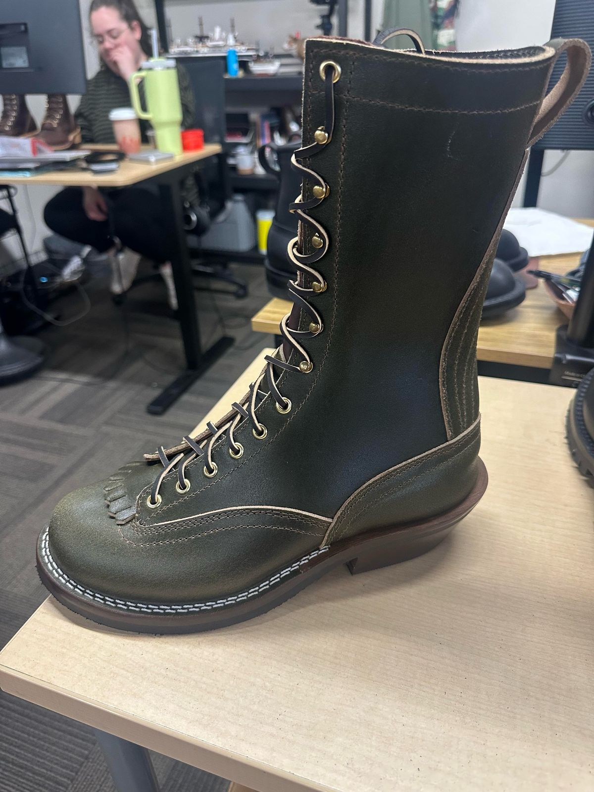 Photo by Apprehensivebootbuyer on November 26, 2025 of the Nicks Lace To Toe in Greener Pastures Waxed flesh.