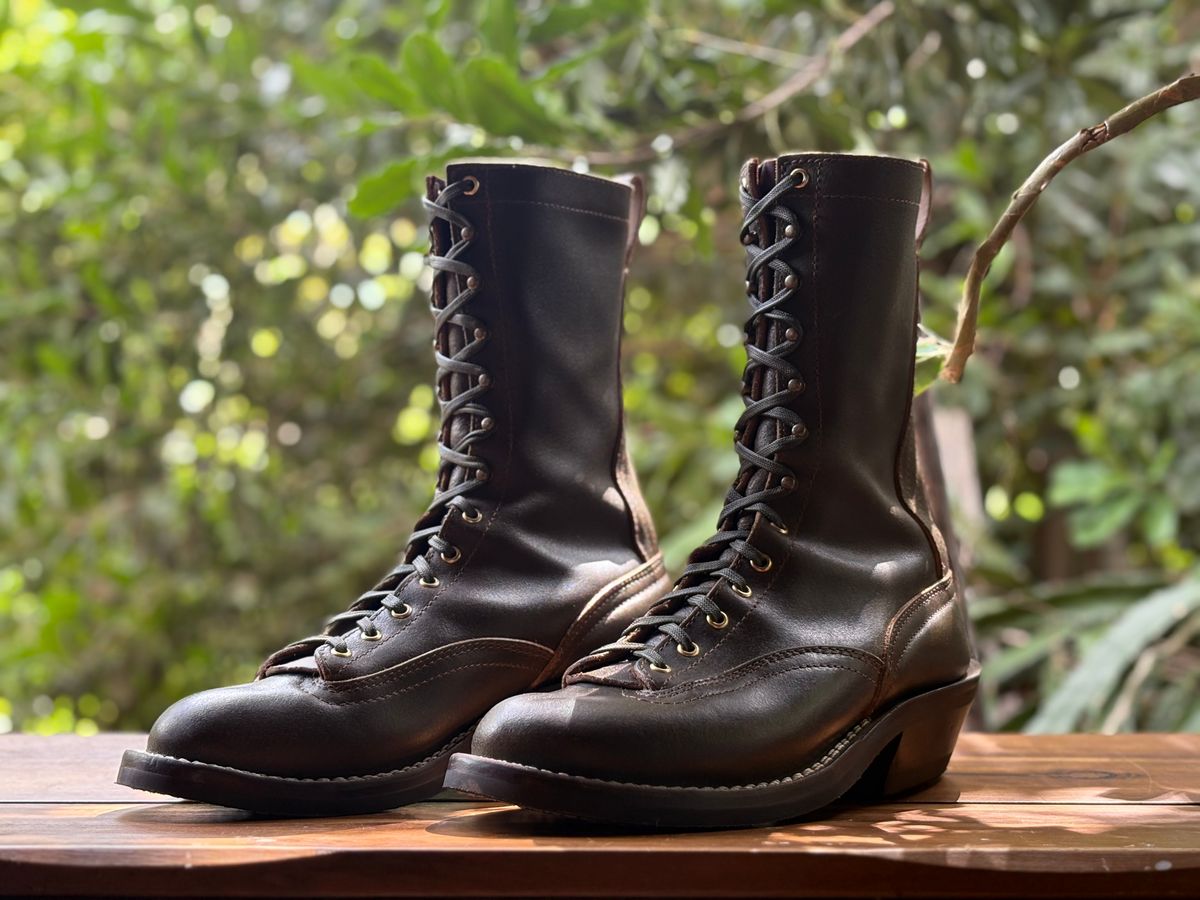 Photo by Apprehensivebootbuyer on February 28, 2026 of the Nicks Lace To Toe in Greener Pastures Waxed flesh.