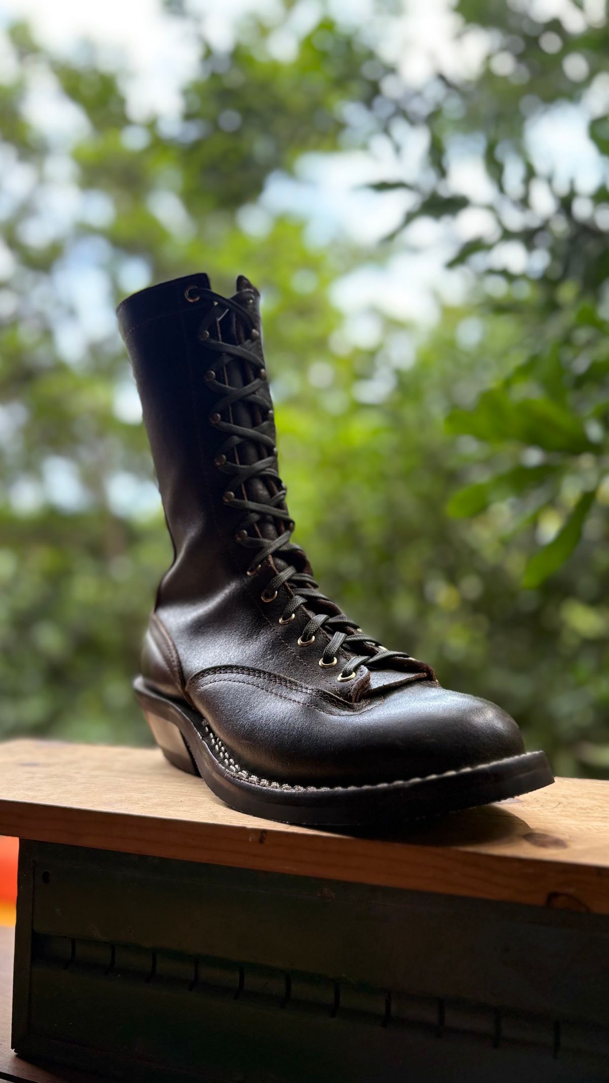 Photo by Apprehensivebootbuyer on February 28, 2026 of the Nicks Lace To Toe in Greener Pastures Waxed flesh.