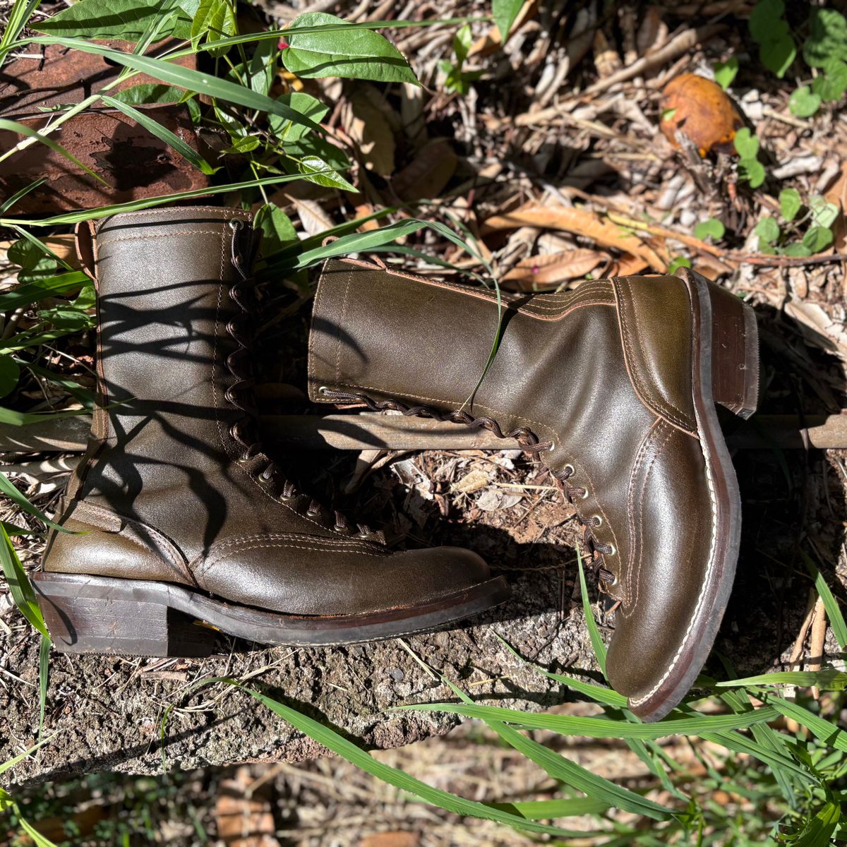 Photo by Apprehensivebootbuyer on April 25, 2026 of the Nicks Lace To Toe in Greener Pastures Waxed flesh.