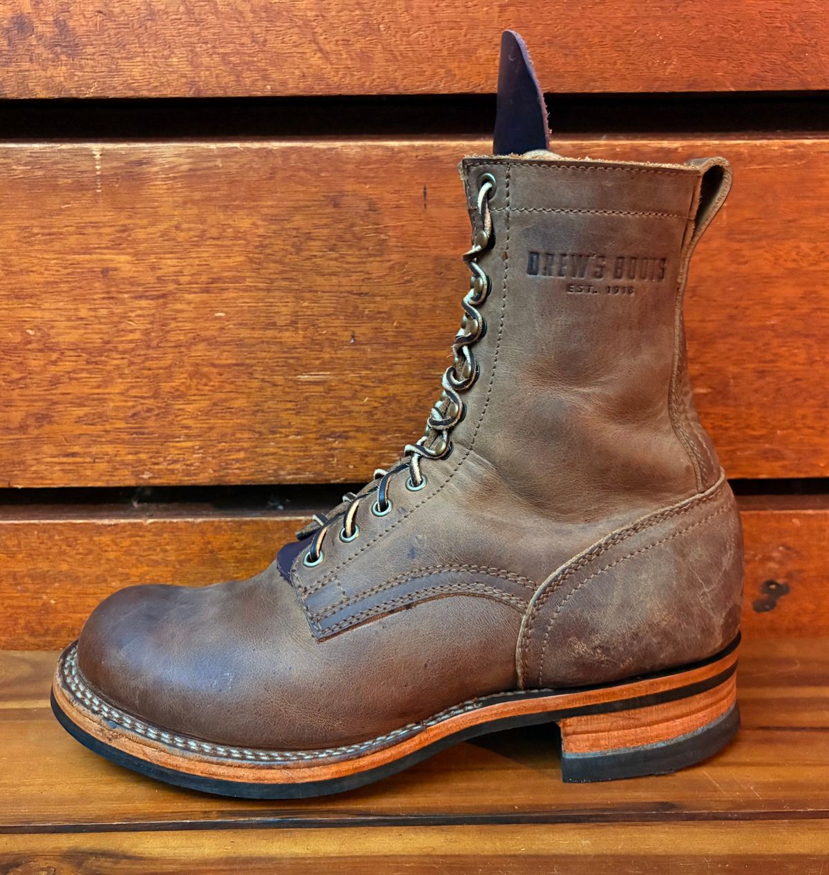 Photo by Apprehensivebootbuyer on July 9, 2025 of the Drew's Boots 8-inch Work Boot in Rowdy Smooth.
