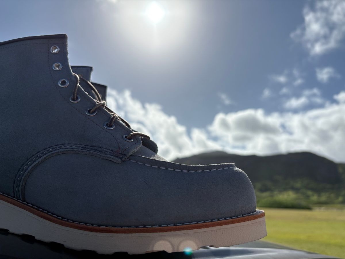 Photo by Apprehensivebootbuyer on March 11, 2025 of the Red Wing 6-Inch Classic Moc in Dusty Blue Abilene.