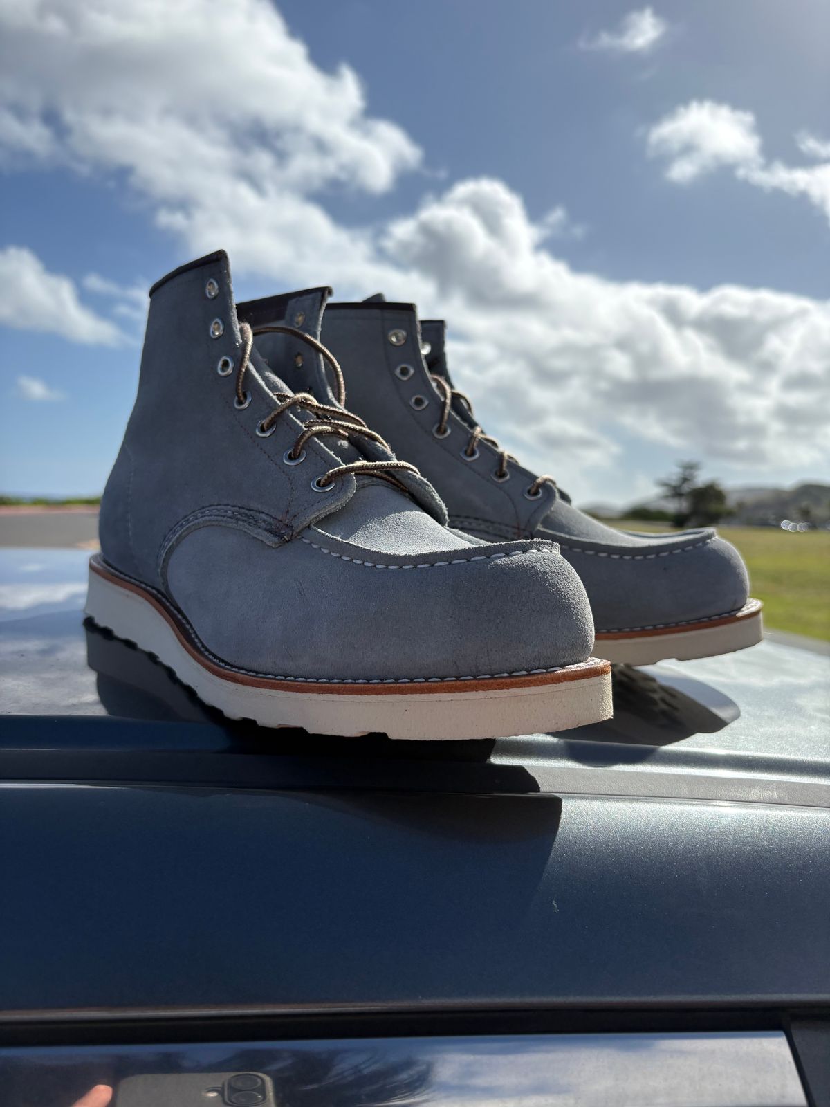 Photo by Apprehensivebootbuyer on March 11, 2025 of the Red Wing 6-Inch Classic Moc in Dusty Blue Abilene.