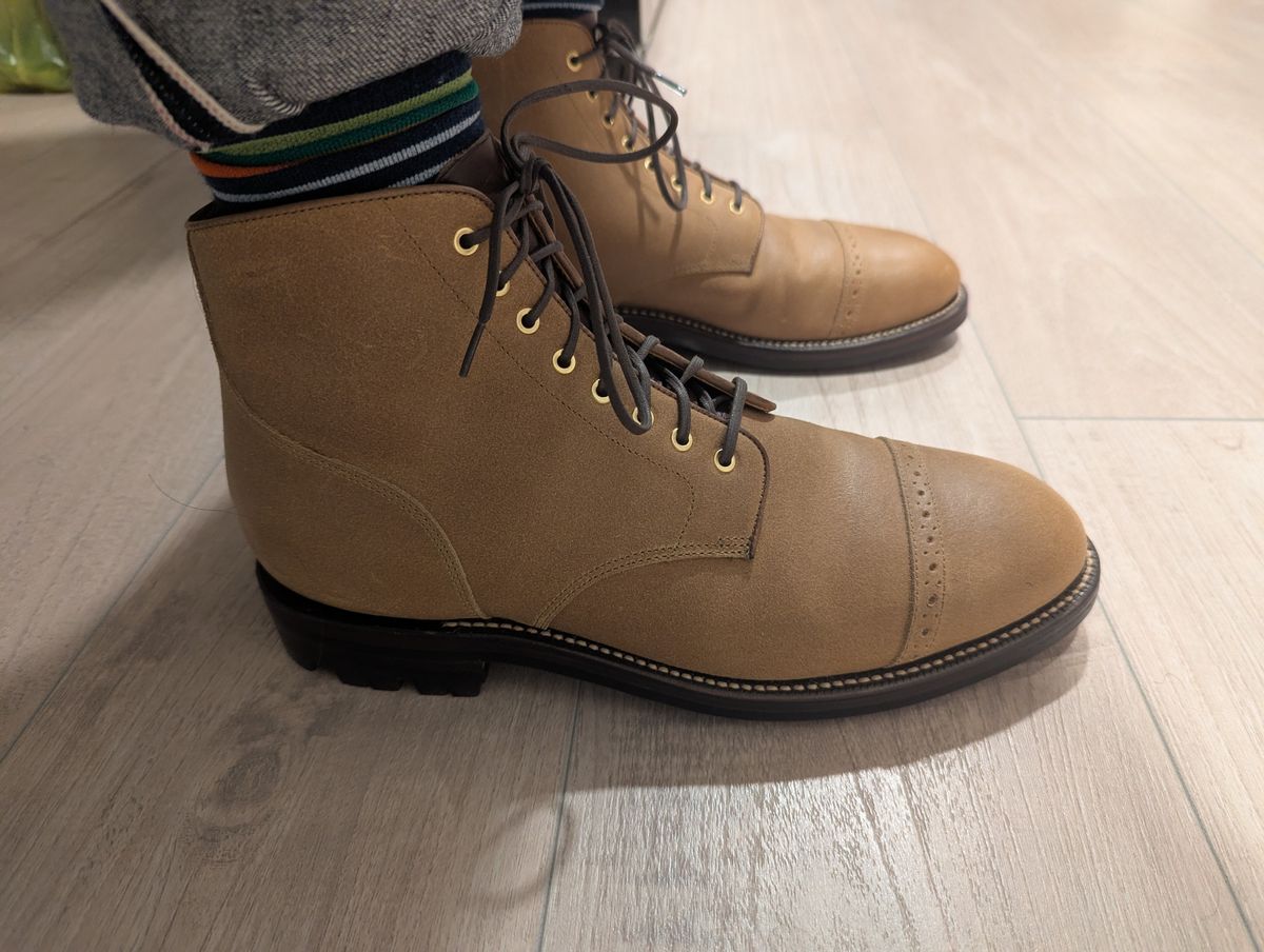 Photo by elyk06 on November 21, 2025 of the Grant Stone Garrison Boot in C.F. Stead Natural Waxy Commander Suede.