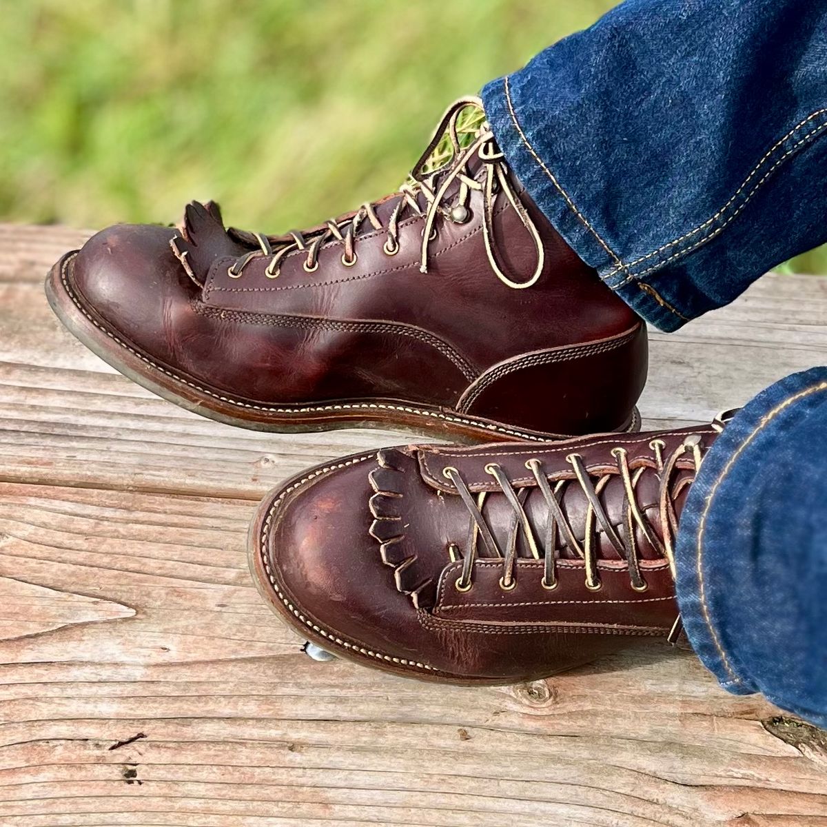 Photo by reedscruggs on October 26, 2024 of the Caswell Boot Company Carver in Wickett & Craig Chestnut Oiled Latigo.