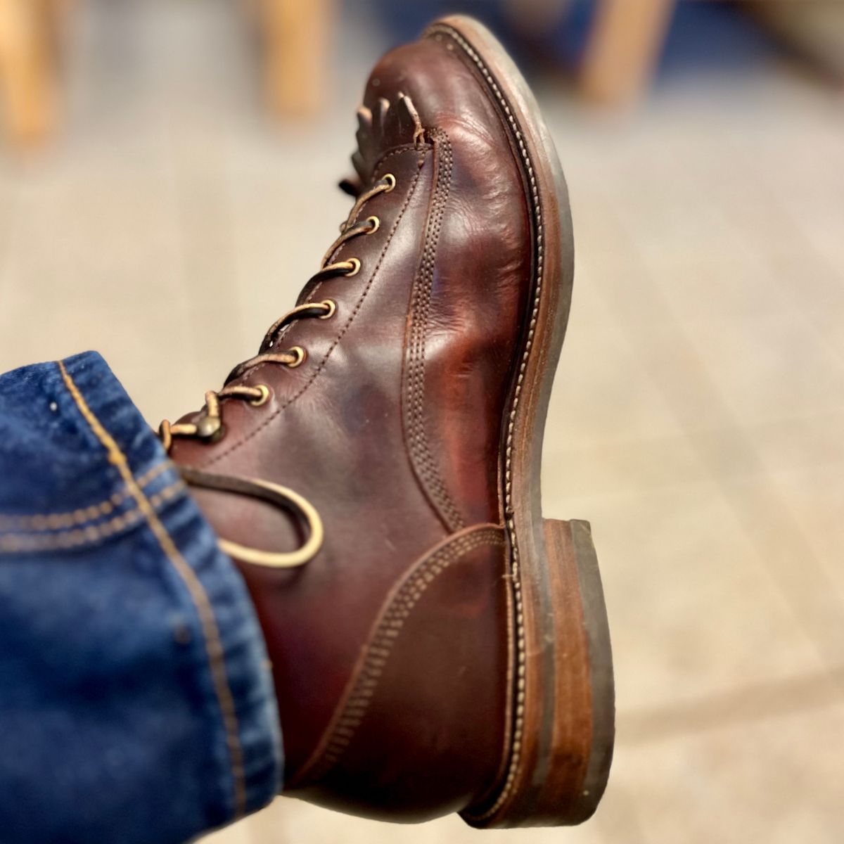 Photo by reedscruggs on November 15, 2024 of the Caswell Boot Company Carver in Wickett & Craig Chestnut Oiled Latigo.