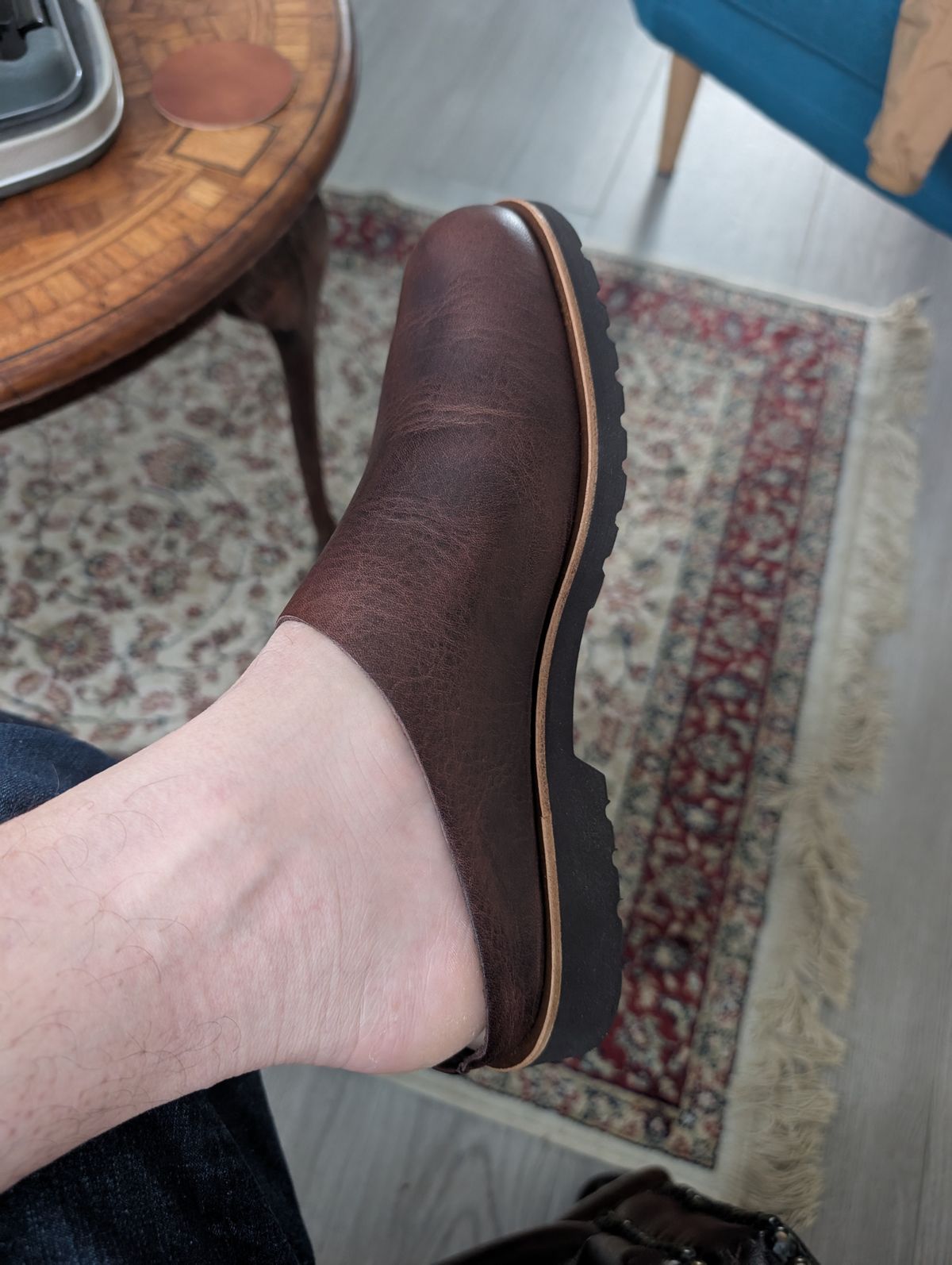 Photo by gilad on June 6, 2025 of the Kotoka Mahoroba Clogs in Tatsuno Waxed Leather.