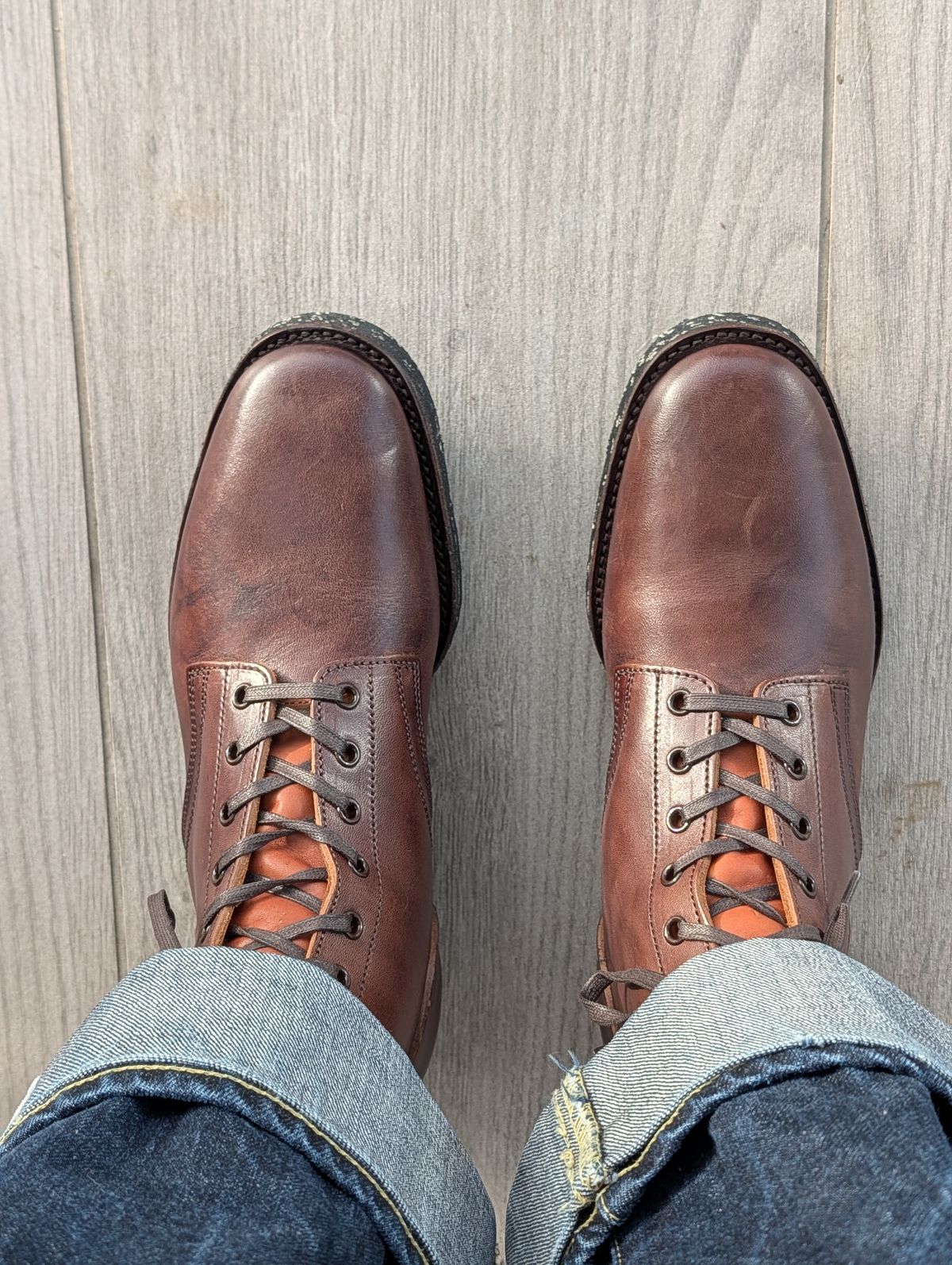 Photo by gilad on March 5, 2026 of the Clinch Yeager Boots in Brown-Overdyed Horsebutt.