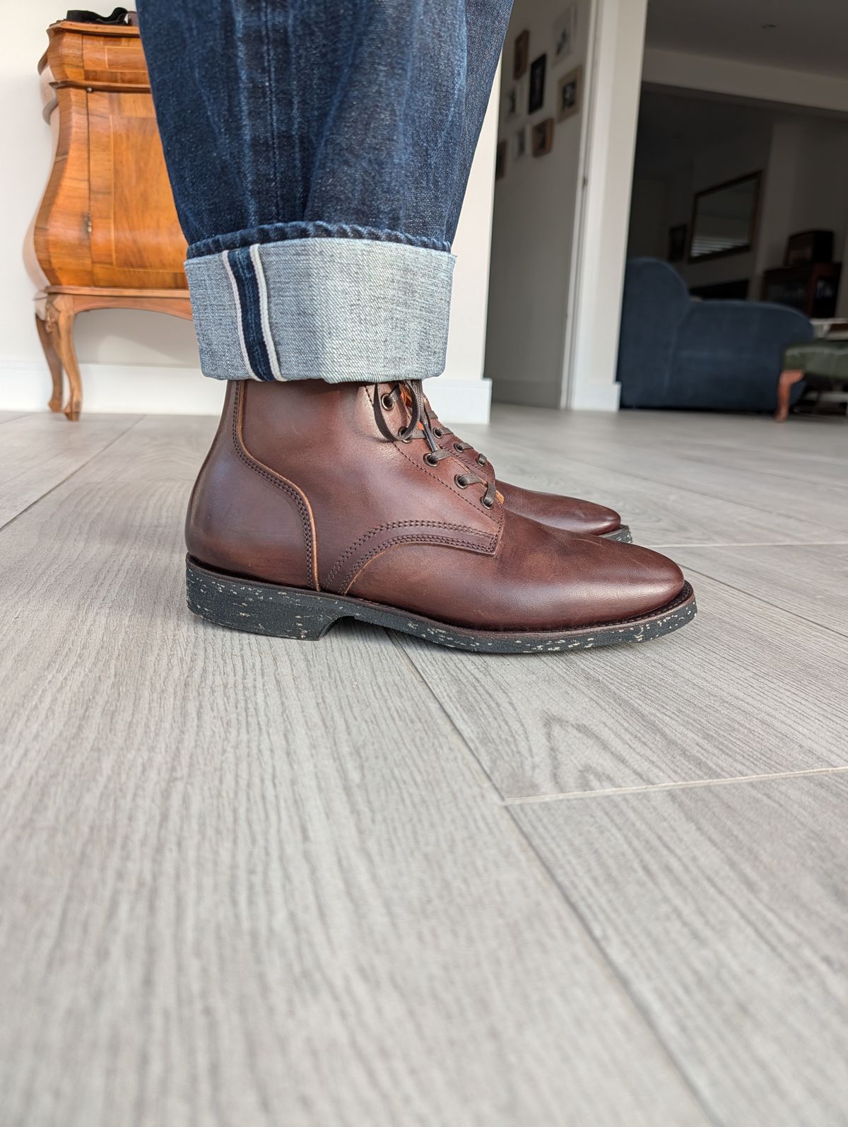 Photo by gilad on March 5, 2026 of the Clinch Yeager Boots in Brown-Overdyed Horsebutt.