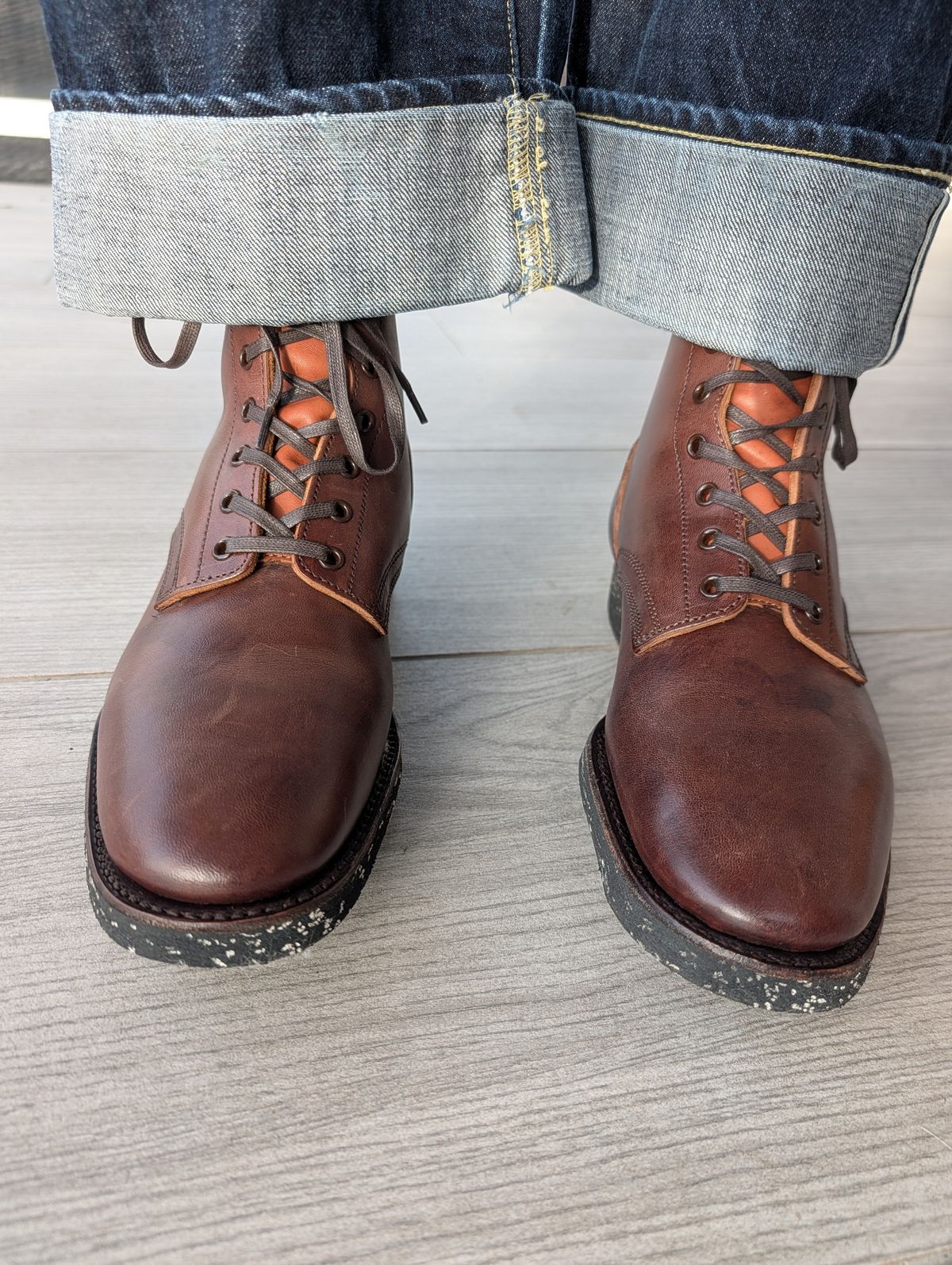 Photo by gilad on March 5, 2026 of the Clinch Yeager Boots in Brown-Overdyed Horsebutt.