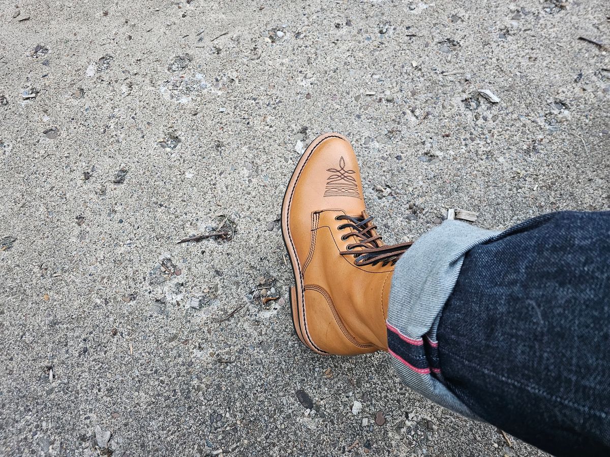 Photo by DPG on June 24, 2026 of the Urban Wolf Club Springfield 10 Eyelette in Amber Waxed Aniline.