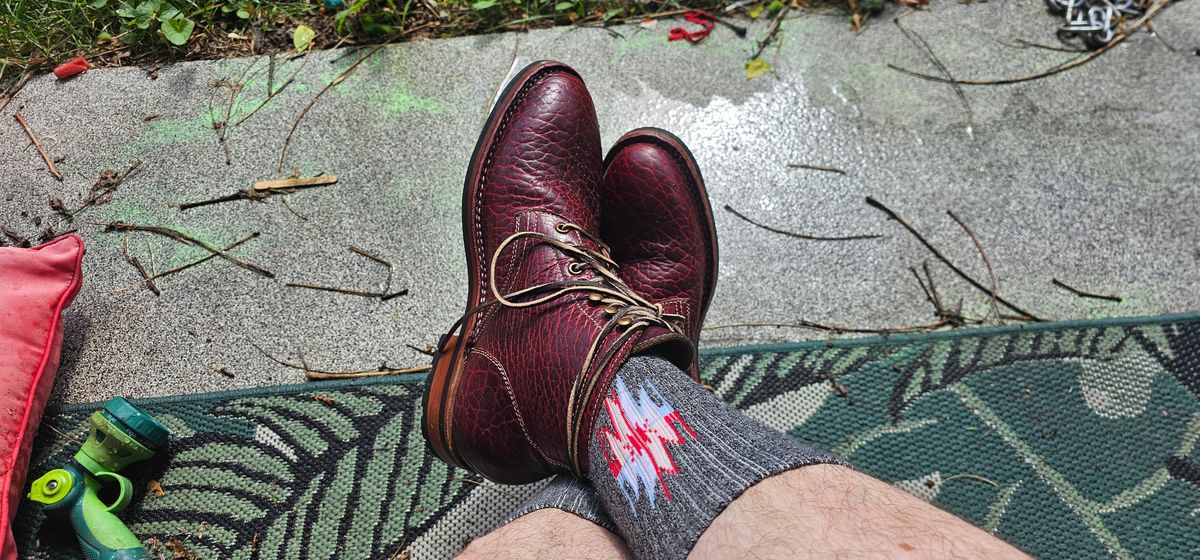 Photo by DPG on June 12, 2026 of the Blkbrd Shoemaker Rudiger Service Boot in Law Tanning Black Cherry Big Horn Shrunken Bison.