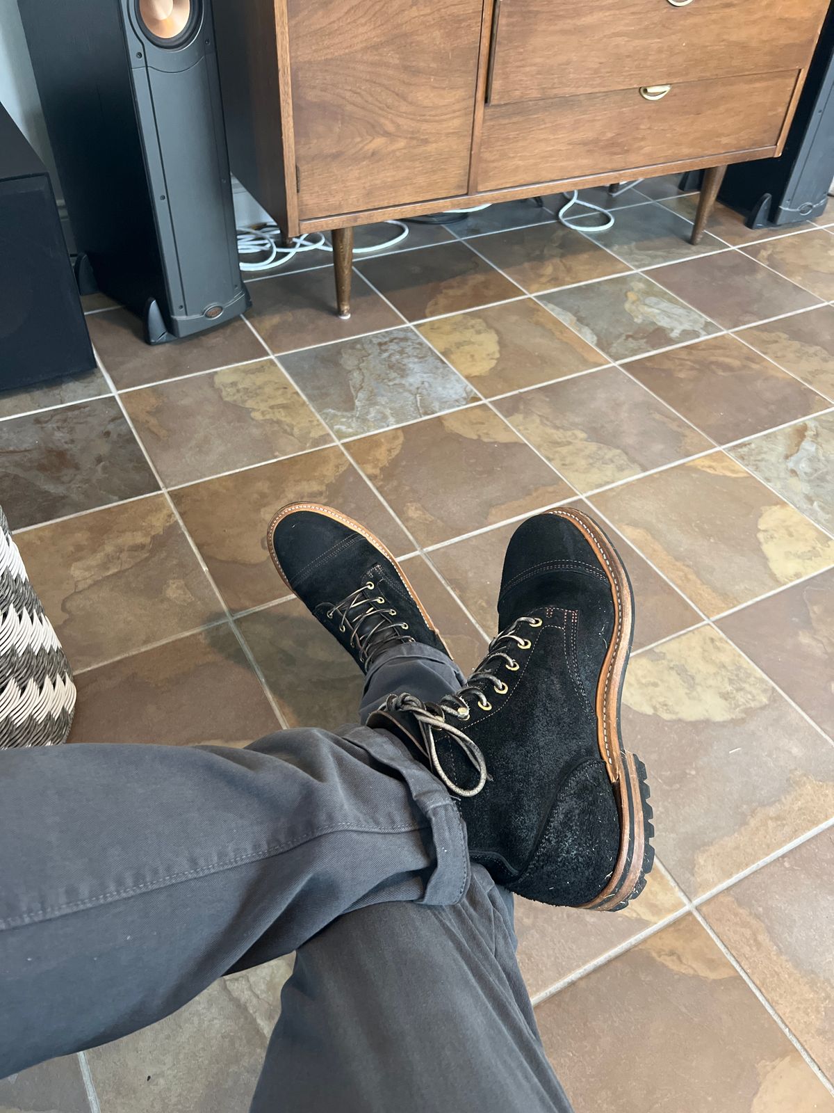 Photo by PatinaEnvy on April 19, 2024 of the Truman Cap Toe Boot in Black Oiled Rough Out.