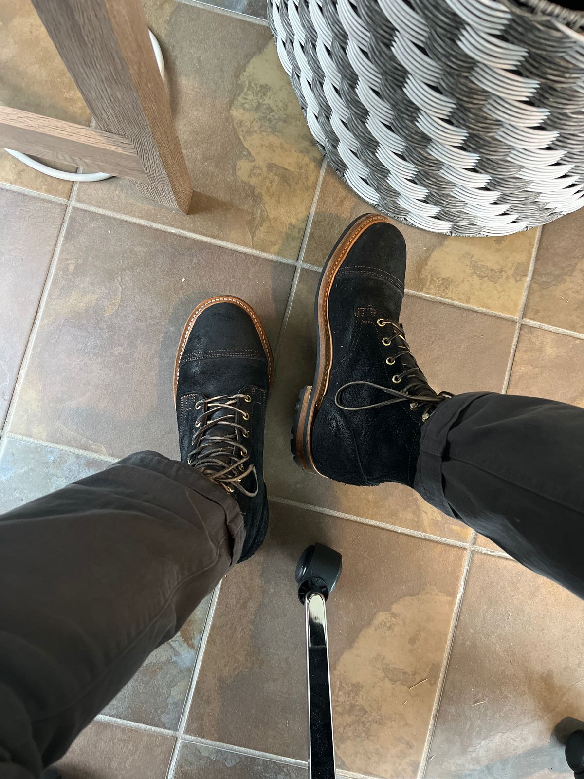 Photo by PatinaEnvy on April 19, 2024 of the Truman Cap Toe Boot in Black Oiled Rough Out.