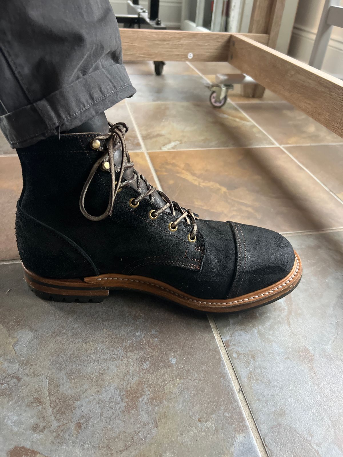 Photo by PatinaEnvy on April 19, 2024 of the Truman Cap Toe Boot in Black Oiled Rough Out.