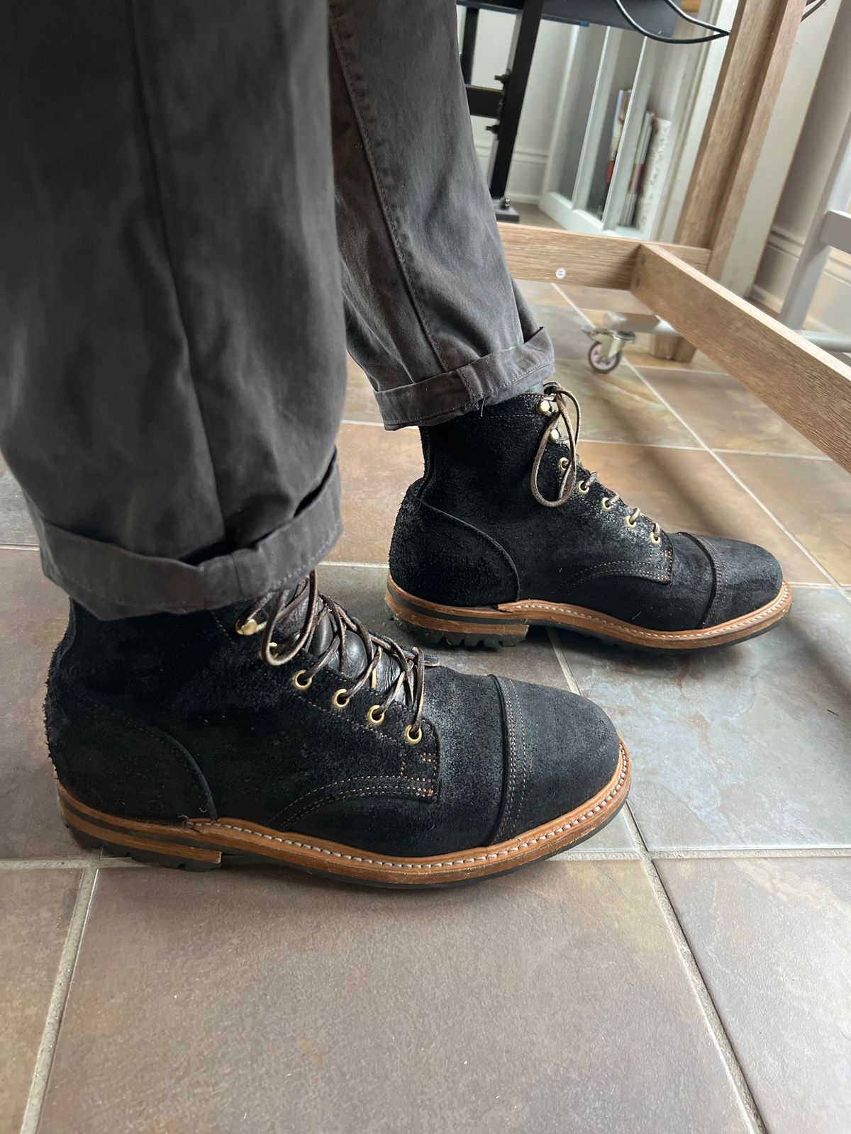 Photo by PatinaEnvy on April 19, 2024 of the Truman Cap Toe Boot in Black Oiled Rough Out.