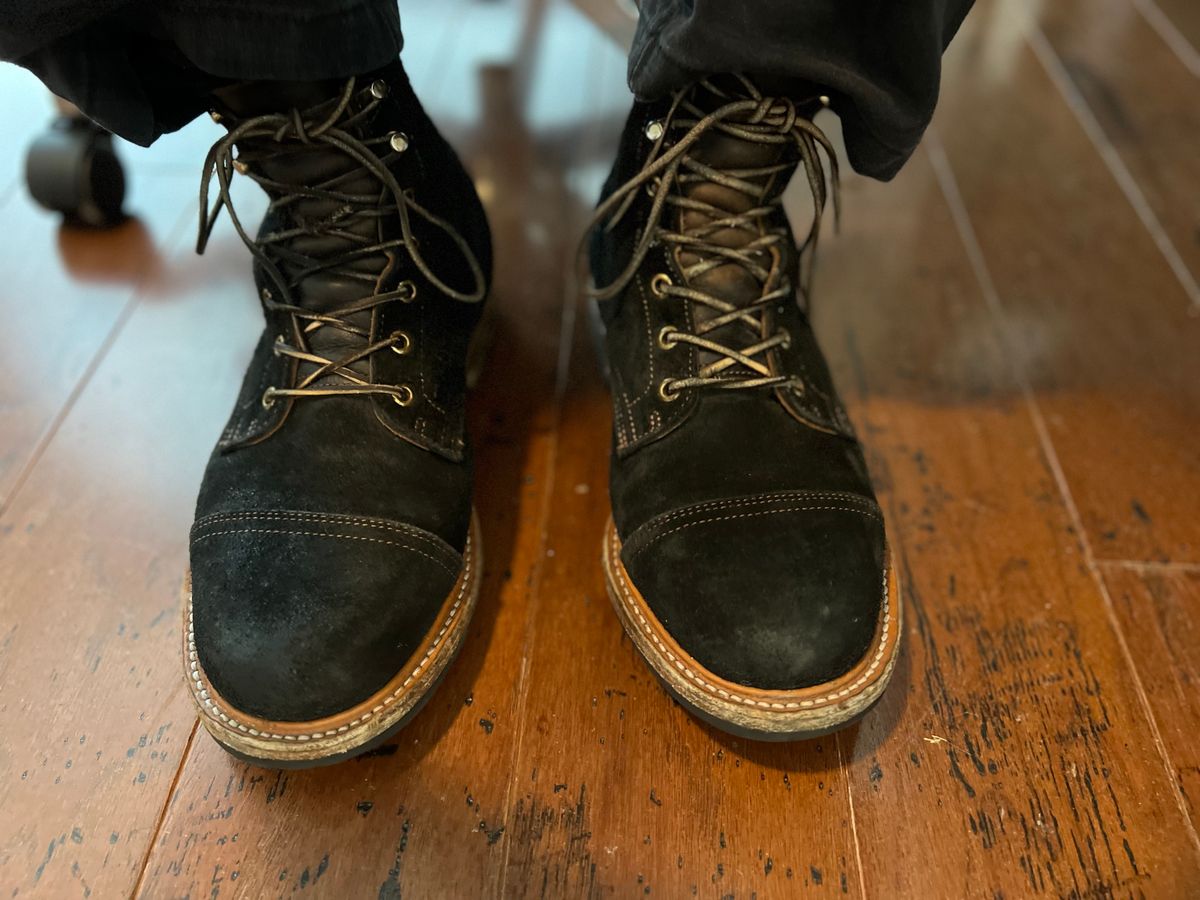 Photo by PatinaEnvy on May 21, 2025 of the Truman Cap Toe Boot in Black Oiled Rough Out.