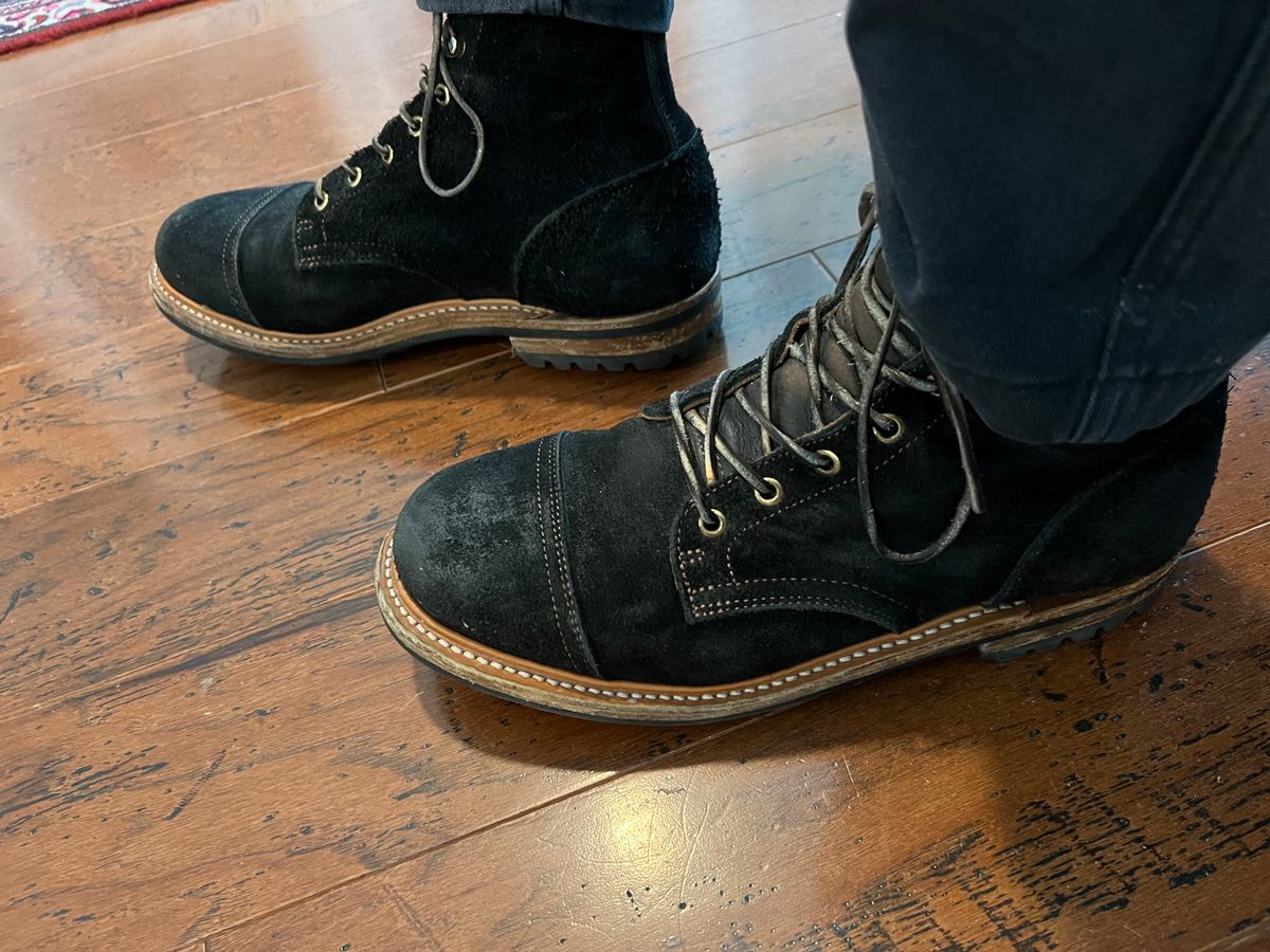 Photo by PatinaEnvy on May 21, 2025 of the Truman Cap Toe Boot in Black Oiled Rough Out.