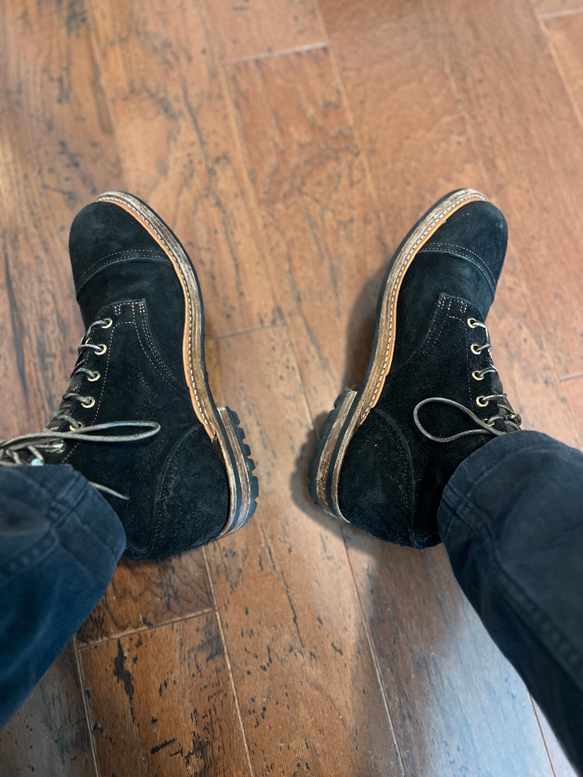 Photo by PatinaEnvy on May 21, 2025 of the Truman Cap Toe Boot in Black Oiled Rough Out.
